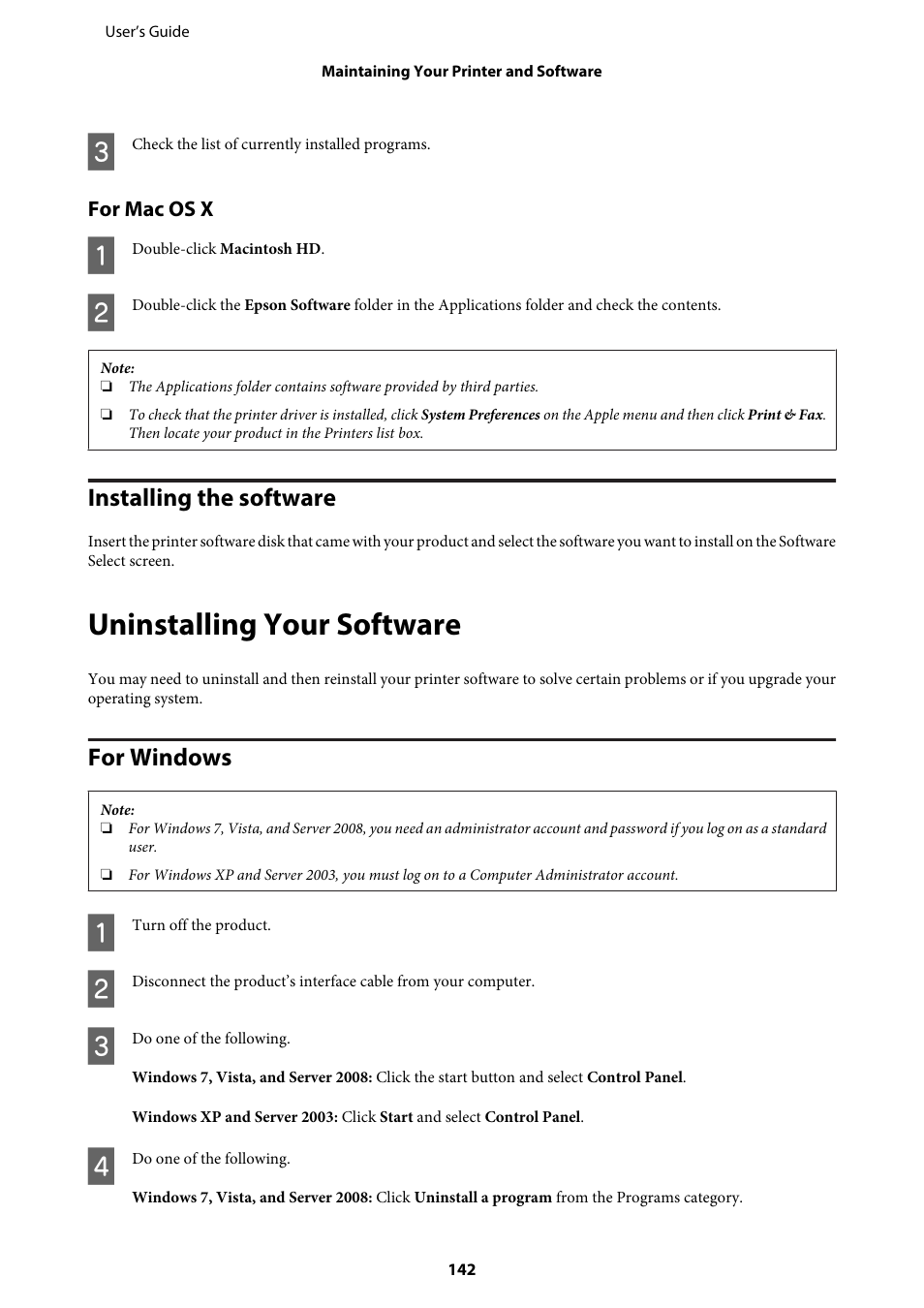 For mac os x, Installing the software, Uninstalling your software | For windows | Epson WP-M4595DNF User Manual | Page 142 / 203