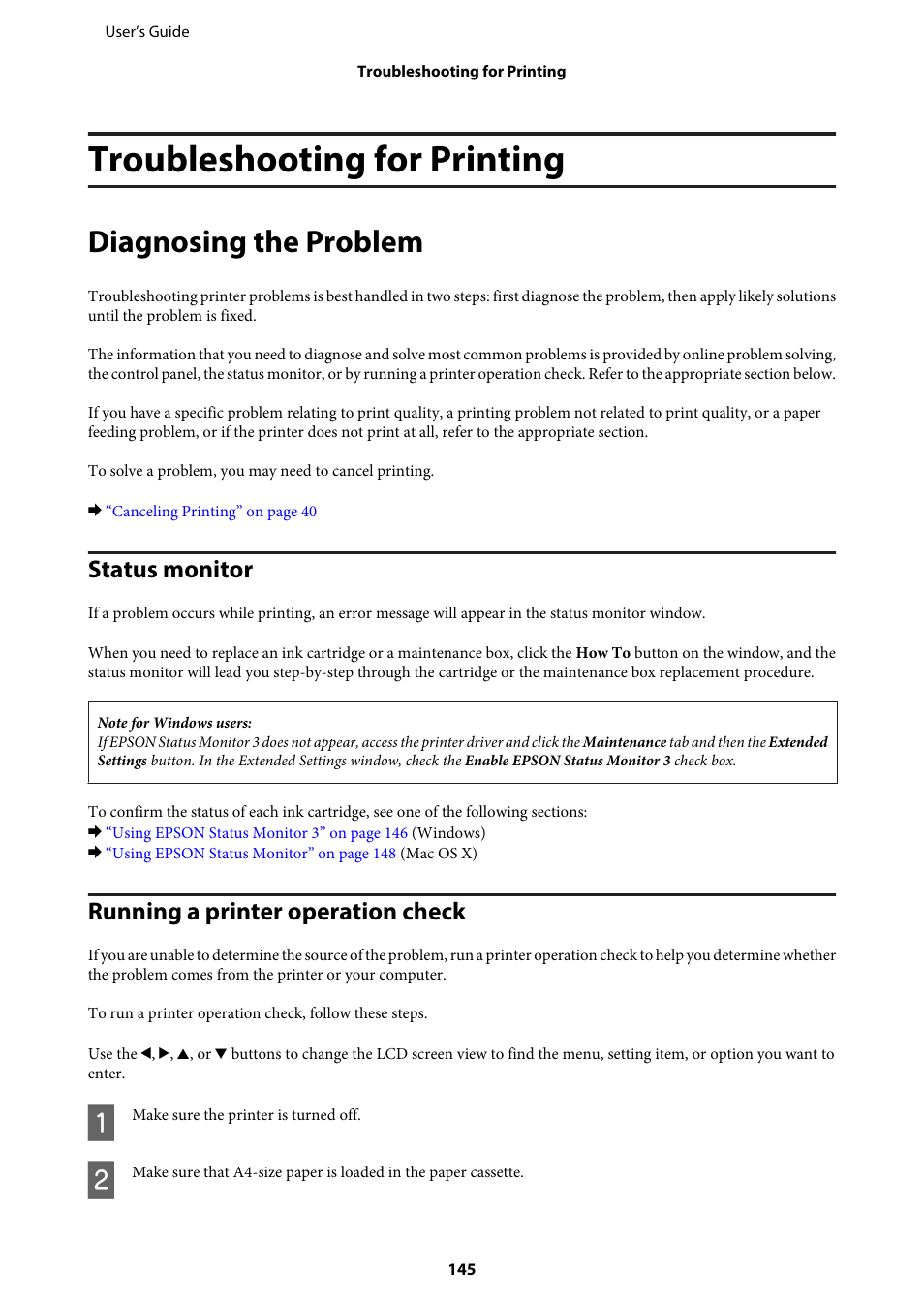 Troubleshooting for printing, Diagnosing the problem, Status monitor | Running a printer operation check, Status monitor running a printer operation check | Epson WP-M4595DNF User Manual | Page 145 / 203