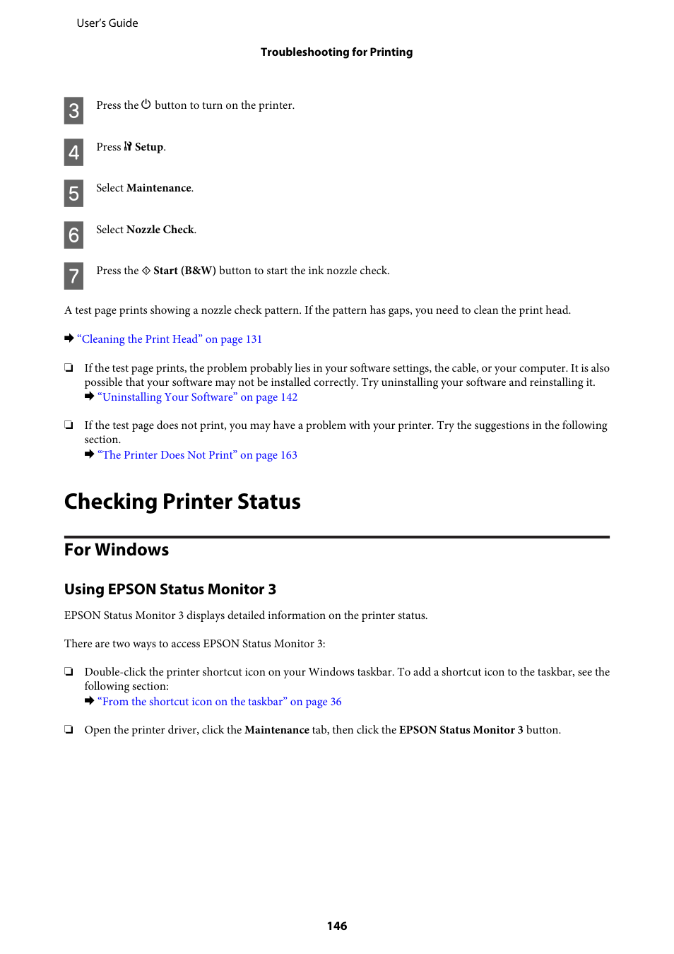 Checking printer status, For windows, Using epson status monitor 3 | Windows) | Epson WP-M4595DNF User Manual | Page 146 / 203