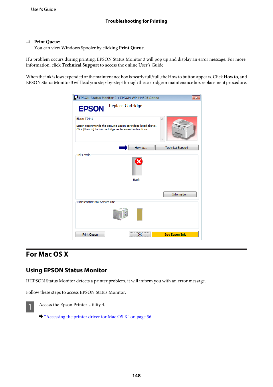 For mac os x, Using epson status monitor | Epson WP-M4595DNF User Manual | Page 148 / 203