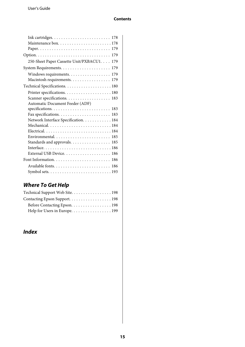 Where to get help, Index | Epson WP-M4595DNF User Manual | Page 15 / 203