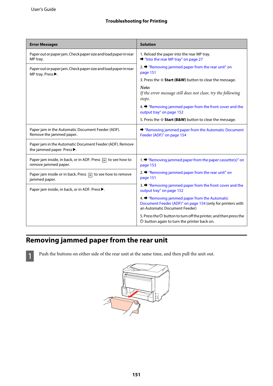 Removing jammed paper from the rear unit, Removing jammed paper from the rear unit” on | Epson WP-M4595DNF User Manual | Page 151 / 203