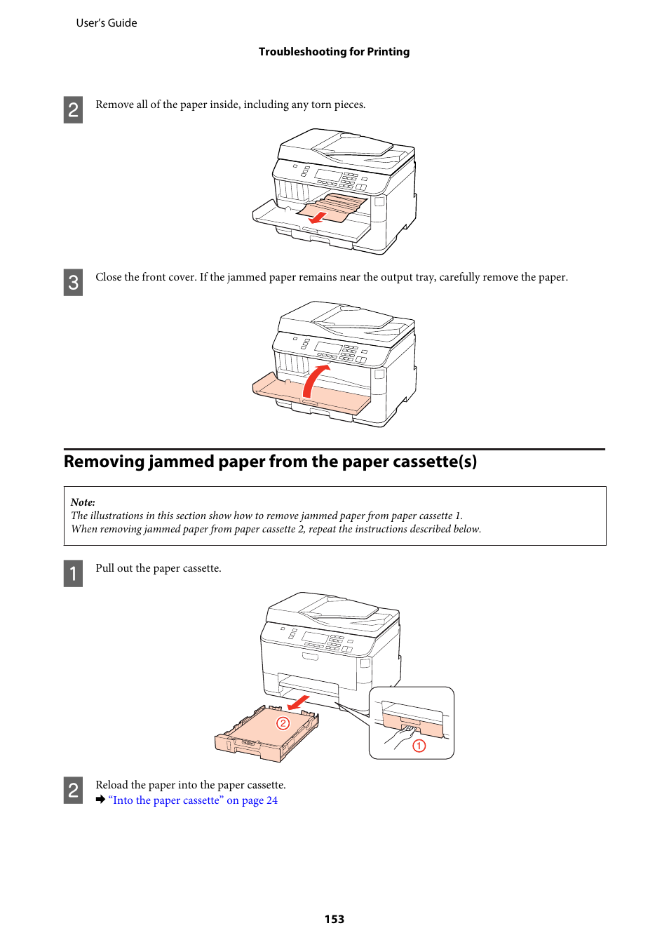 Removing jammed paper from the paper cassette(s) | Epson WP-M4595DNF User Manual | Page 153 / 203