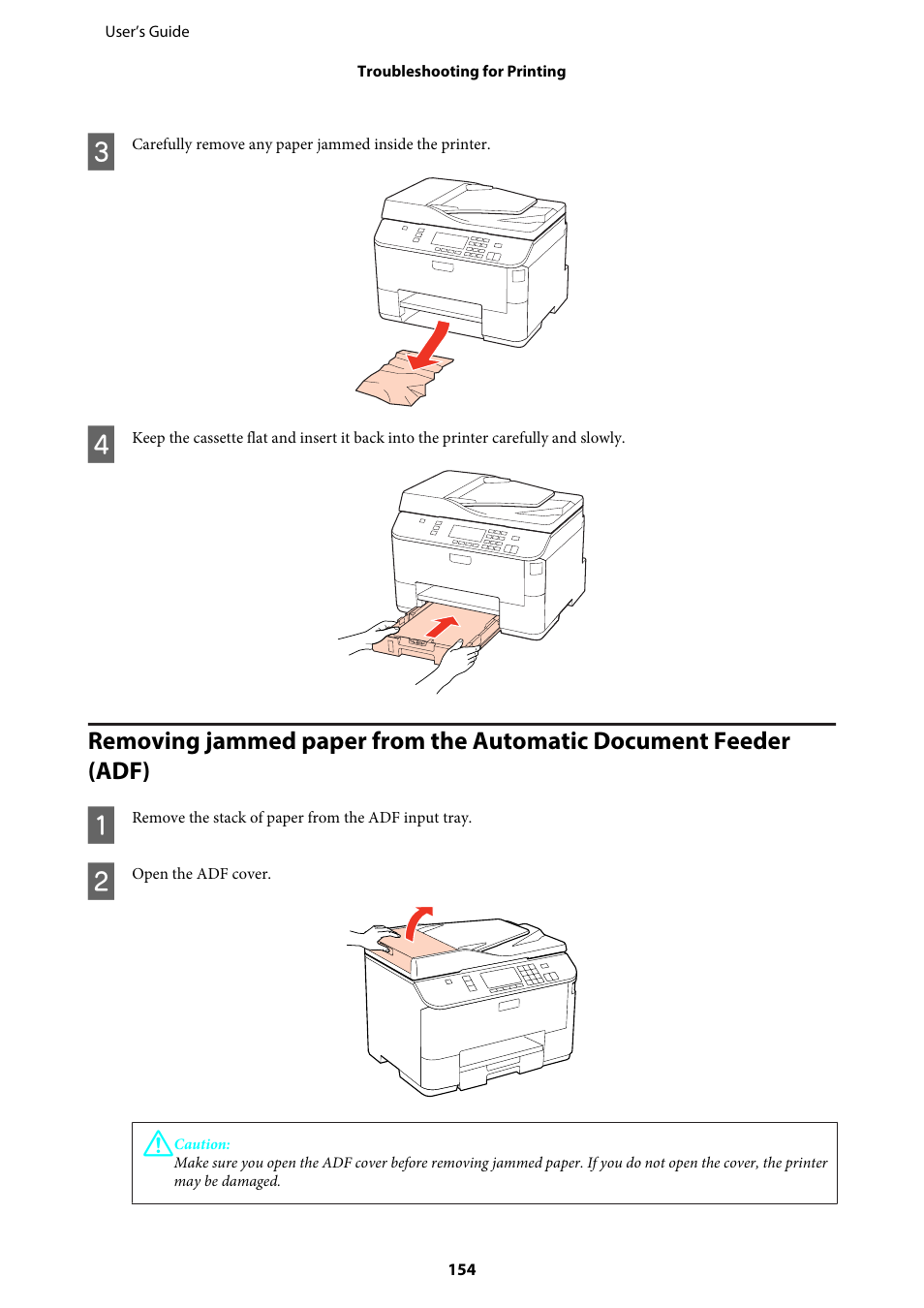 Removing jammed paper from the automatic document, Removing jammed paper from the automatic | Epson WP-M4595DNF User Manual | Page 154 / 203