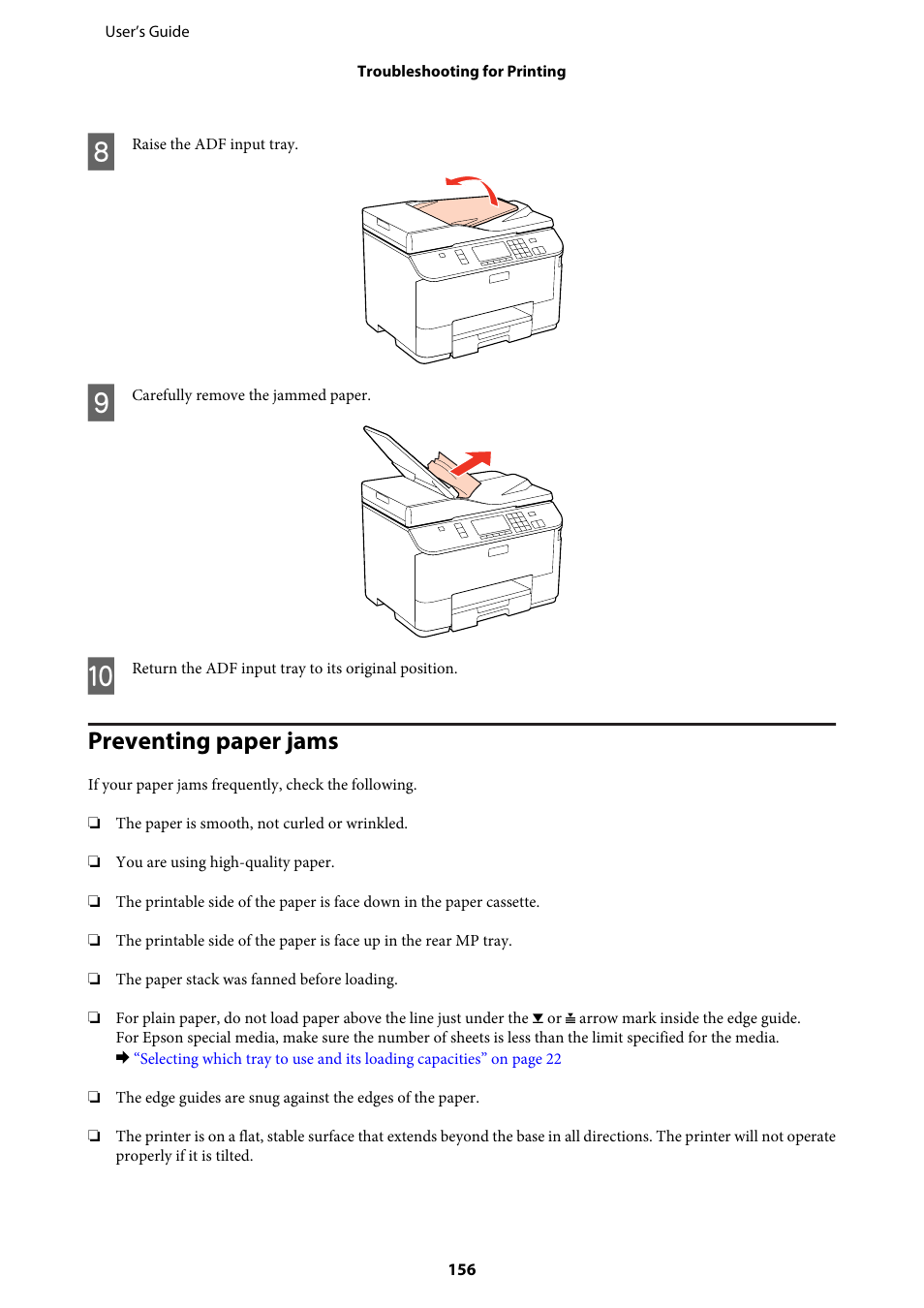 Preventing paper jams | Epson WP-M4595DNF User Manual | Page 156 / 203