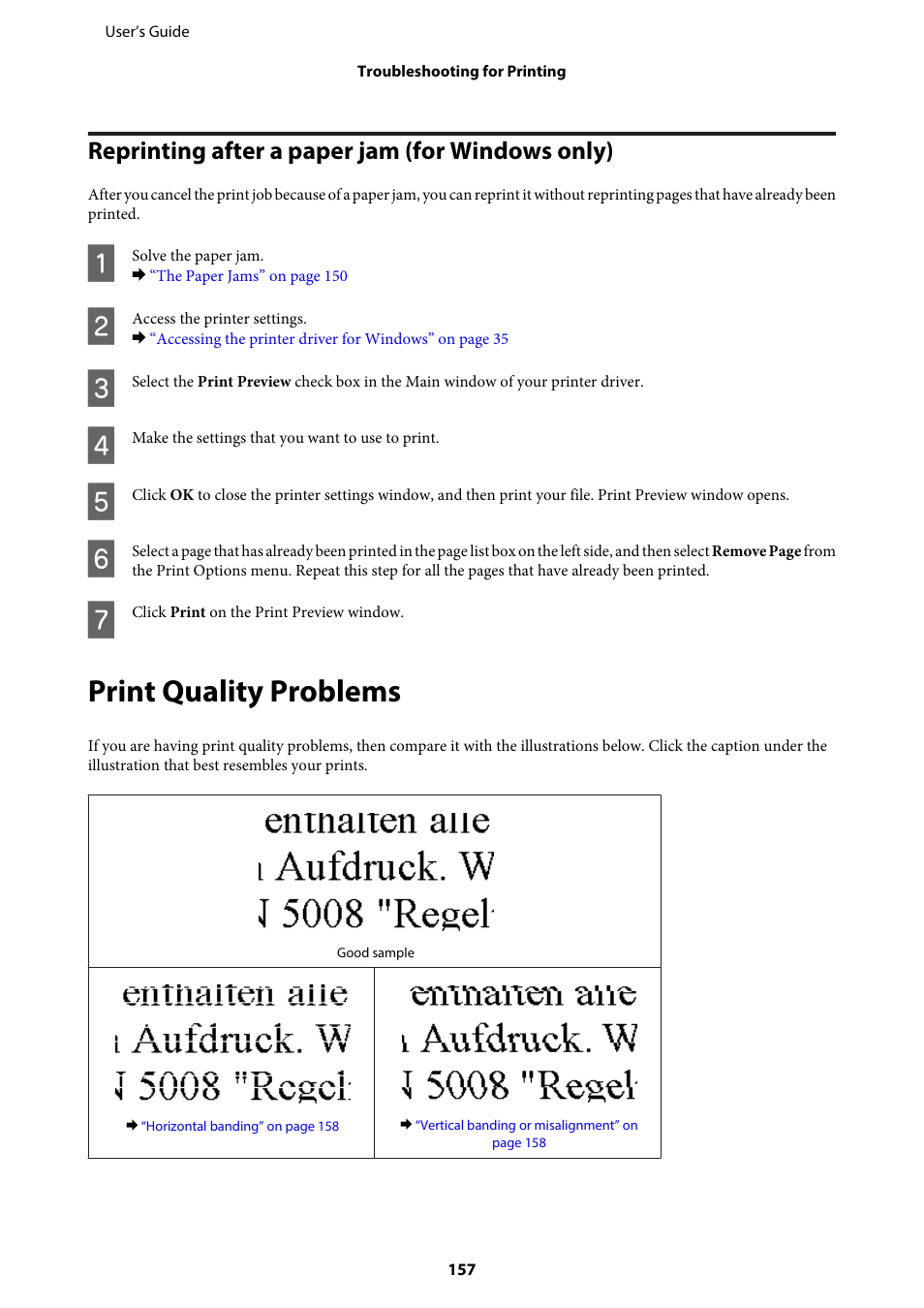 Reprinting after a paper jam (for windows only), Print quality problems | Epson WP-M4595DNF User Manual | Page 157 / 203