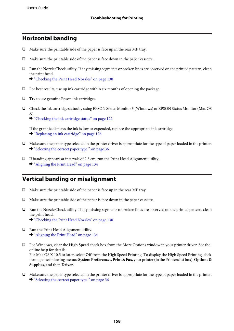 Horizontal banding, Vertical banding or misalignment, Vertical banding or misalignment” on | Epson WP-M4595DNF User Manual | Page 158 / 203