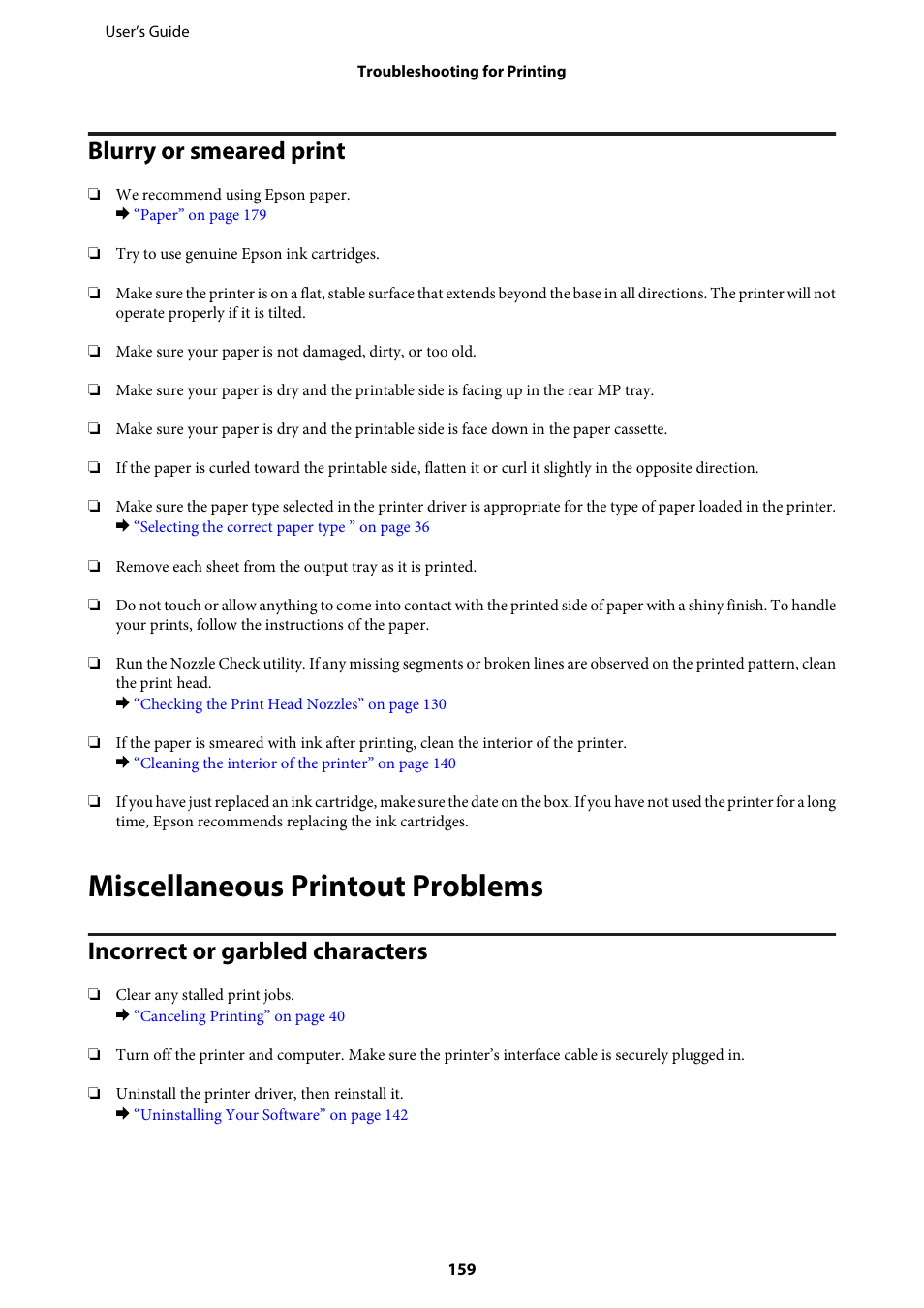 Blurry or smeared print, Miscellaneous printout problems, Incorrect or garbled characters | Epson WP-M4595DNF User Manual | Page 159 / 203
