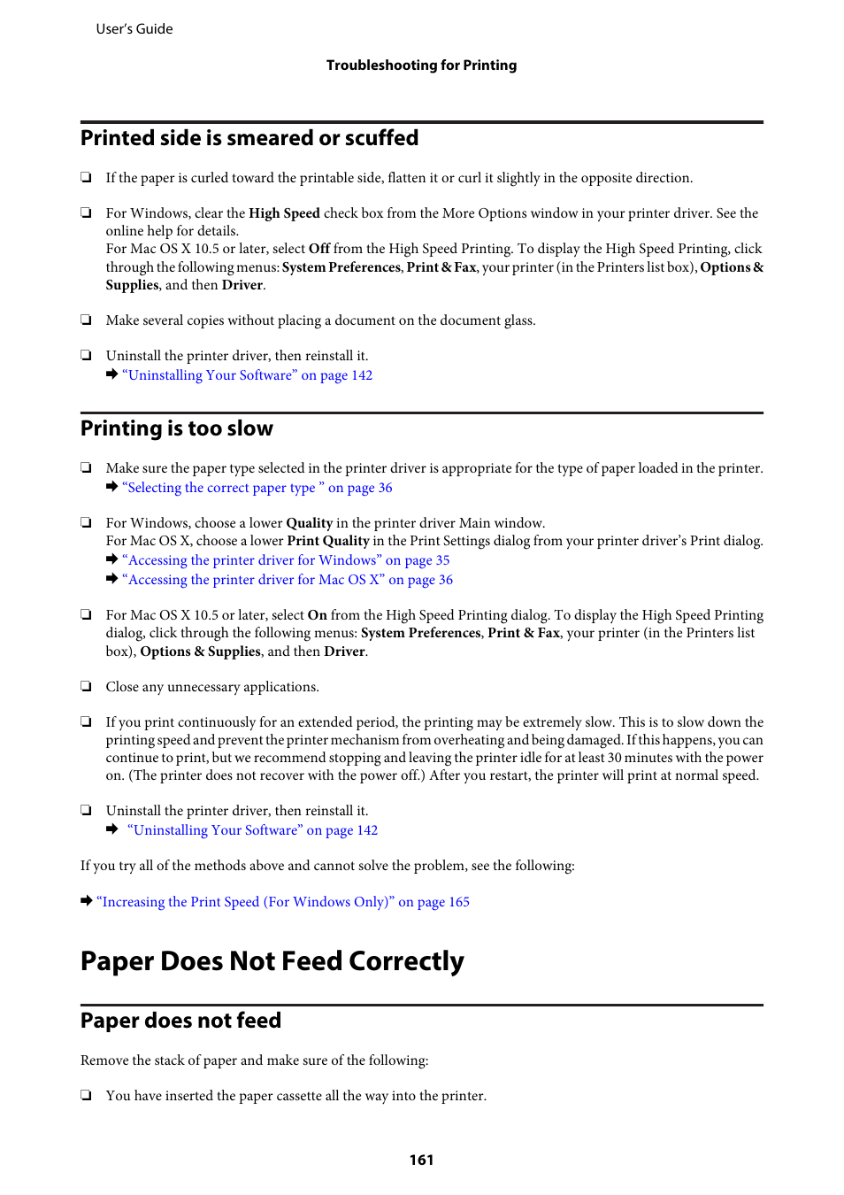 Printed side is smeared or scuffed, Printing is too slow, Paper does not feed correctly | Paper does not feed | Epson WP-M4595DNF User Manual | Page 161 / 203
