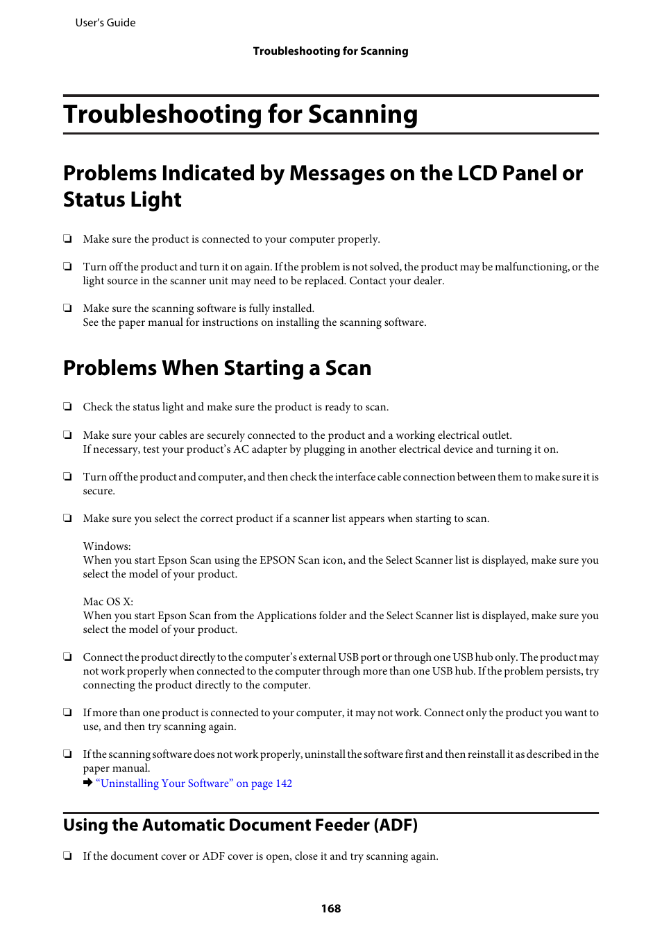 Troubleshooting for scanning, Problems when starting a scan, Using the automatic document feeder (adf) | Epson WP-M4595DNF User Manual | Page 168 / 203