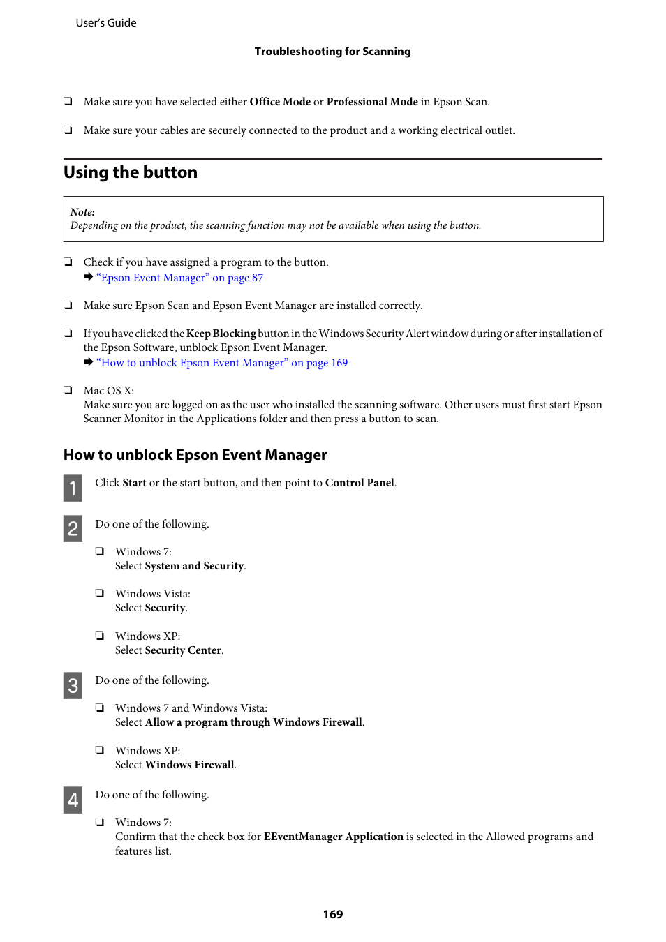 Using the button, How to unblock epson event manager | Epson WP-M4595DNF User Manual | Page 169 / 203