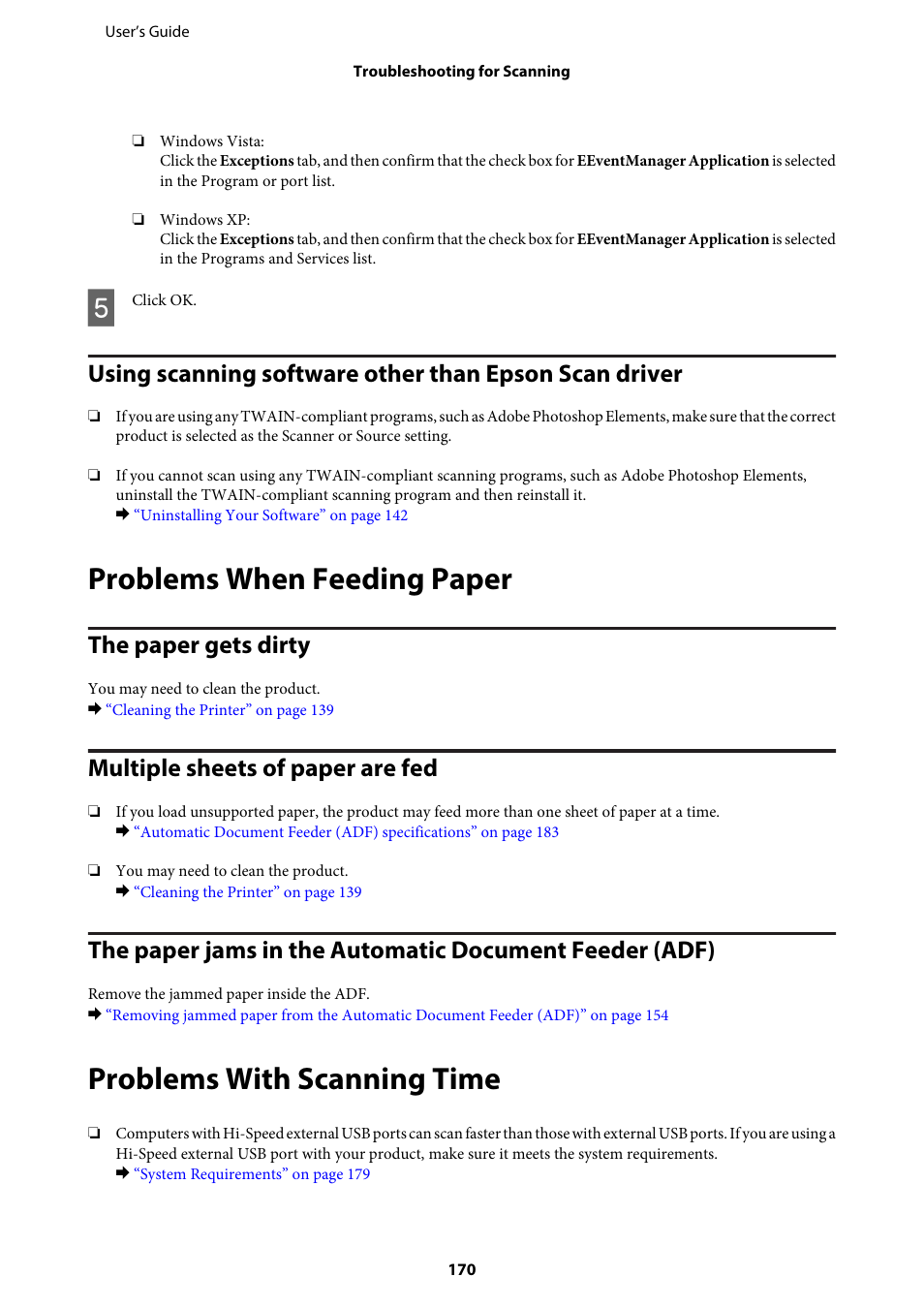 Problems when feeding paper, The paper gets dirty, Multiple sheets of paper are fed | Problems with scanning time | Epson WP-M4595DNF User Manual | Page 170 / 203