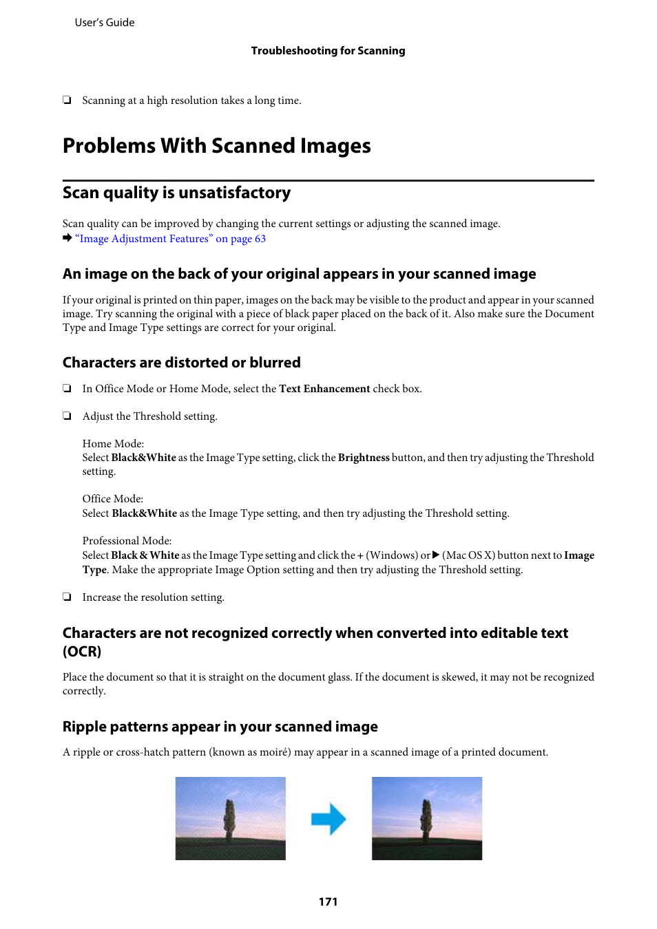 Problems with scanned images, Scan quality is unsatisfactory, Characters are distorted or blurred | Ripple patterns appear in your scanned image | Epson WP-M4595DNF User Manual | Page 171 / 203