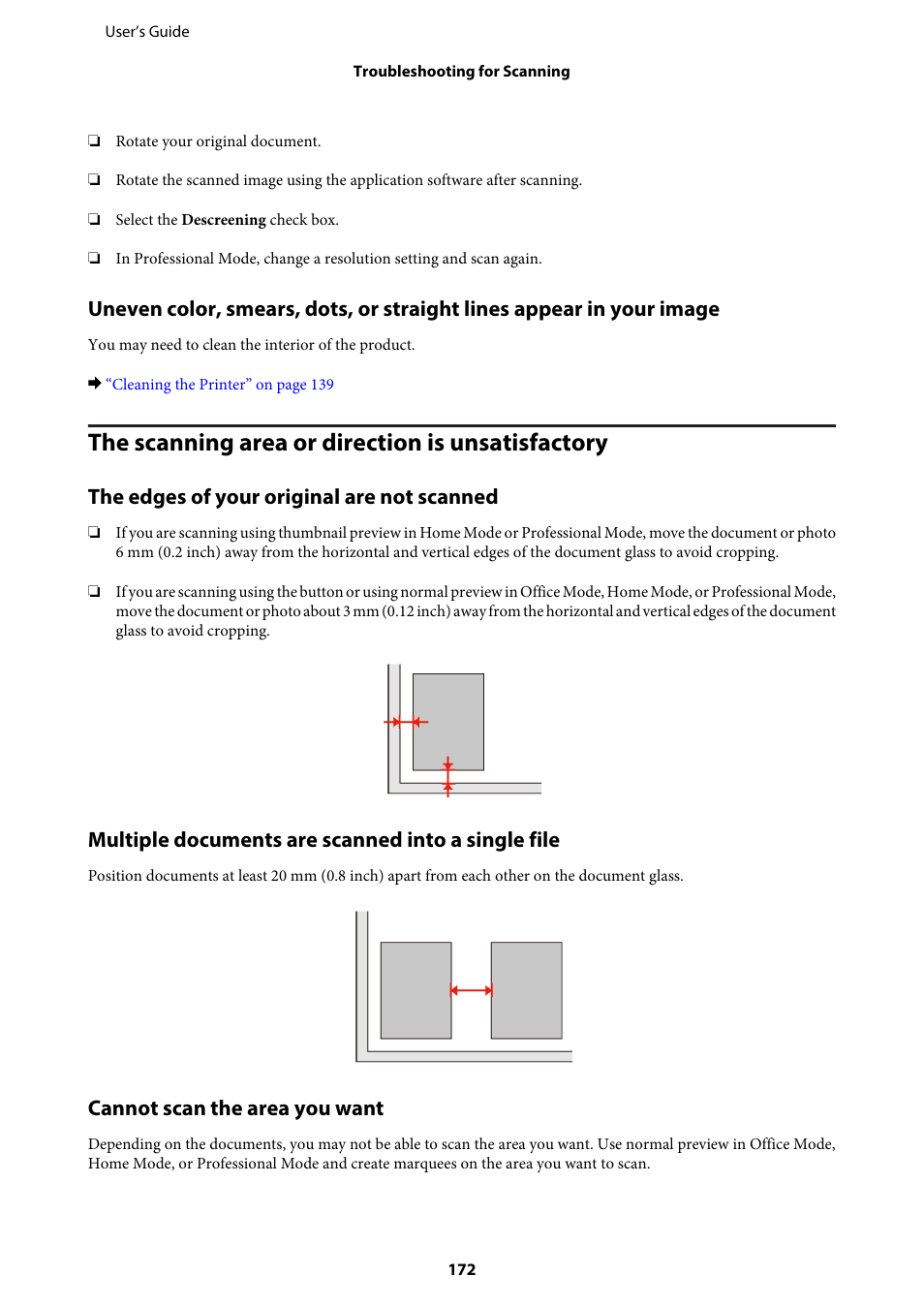 The scanning area or direction is unsatisfactory, The edges of your original are not scanned, Multiple documents are scanned into a single file | Cannot scan the area you want | Epson WP-M4595DNF User Manual | Page 172 / 203