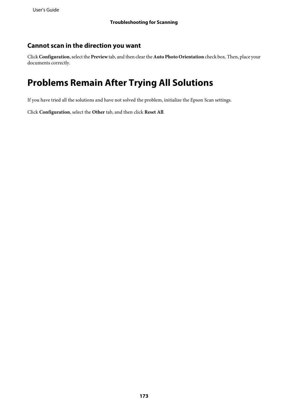 Cannot scan in the direction you want, Problems remain after trying all solutions | Epson WP-M4595DNF User Manual | Page 173 / 203
