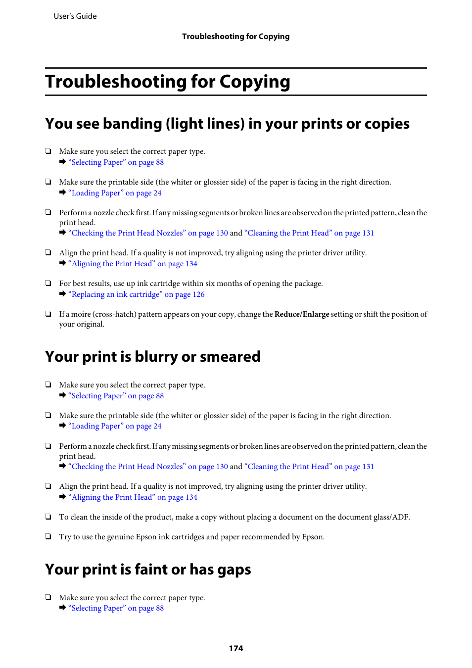 Troubleshooting for copying, Your print is blurry or smeared, Your print is faint or has gaps | Epson WP-M4595DNF User Manual | Page 174 / 203