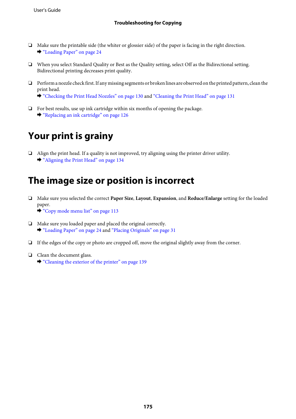 Your print is grainy, The image size or position is incorrect | Epson WP-M4595DNF User Manual | Page 175 / 203
