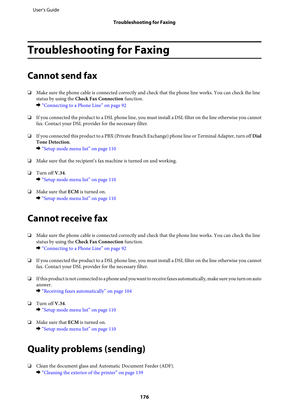 Troubleshooting for faxing, Cannot send fax, Cannot receive fax | Quality problems (sending) | Epson WP-M4595DNF User Manual | Page 176 / 203