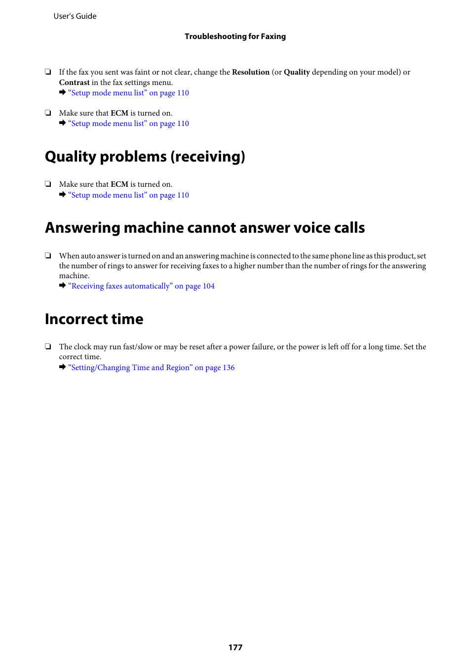 Quality problems (receiving), Answering machine cannot answer voice calls, Incorrect time | Epson WP-M4595DNF User Manual | Page 177 / 203
