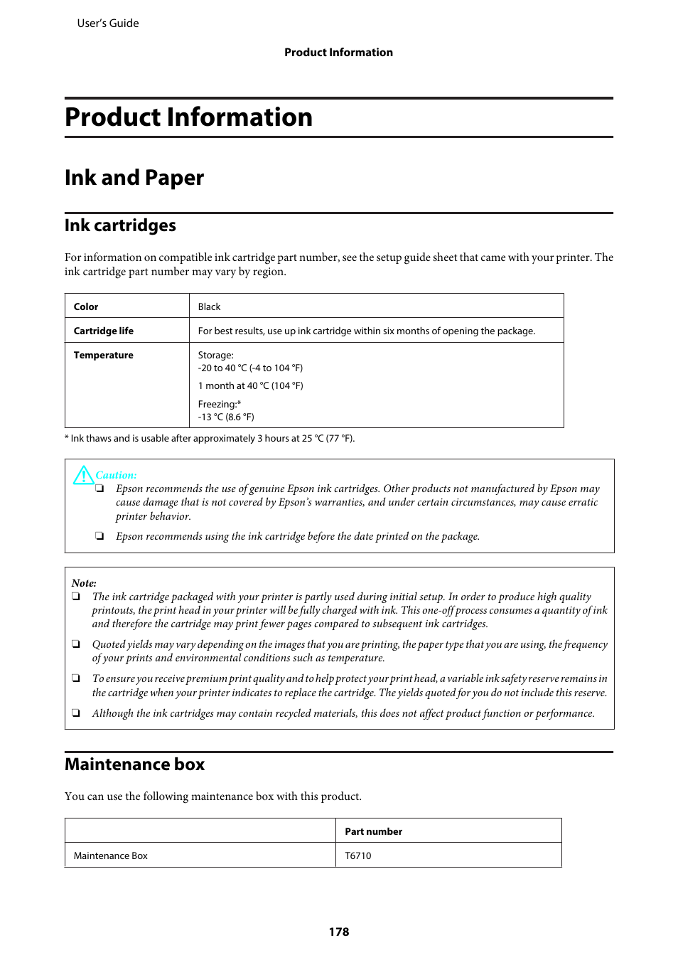 Product information, Ink and paper, Ink cartridges | Maintenance box, Ink cartridges maintenance box | Epson WP-M4595DNF User Manual | Page 178 / 203