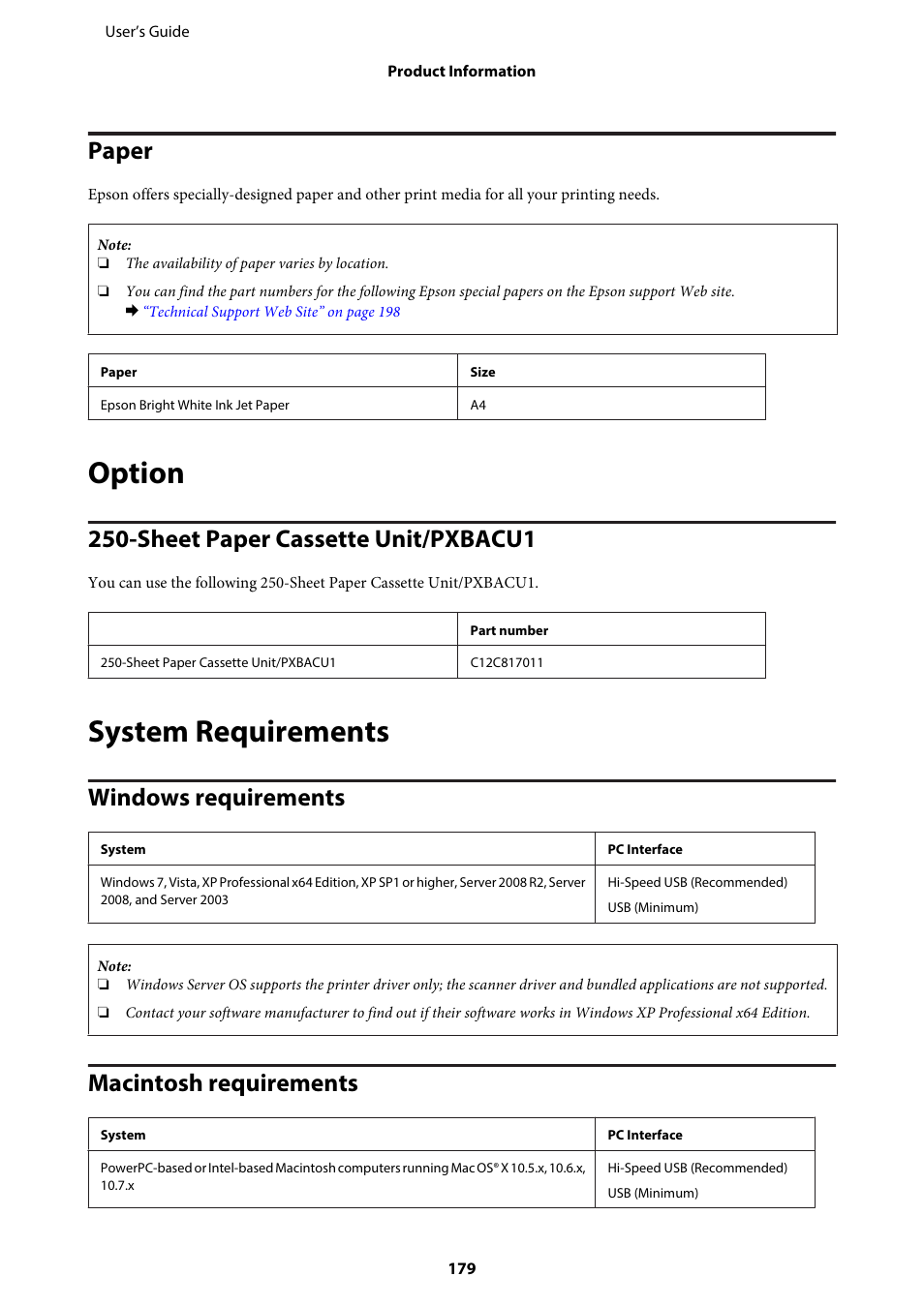 Paper, Option, Sheet paper cassette unit/pxbacu1 | System requirements, Windows requirements, Macintosh requirements, Windows requirements macintosh requirements | Epson WP-M4595DNF User Manual | Page 179 / 203