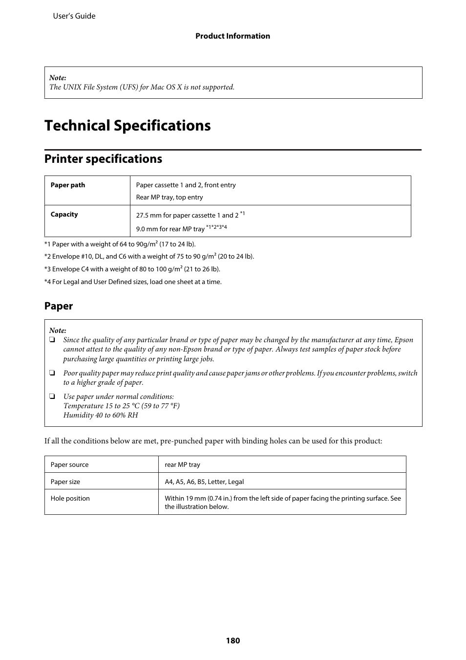Technical specifications, Printer specifications, Paper | Epson WP-M4595DNF User Manual | Page 180 / 203