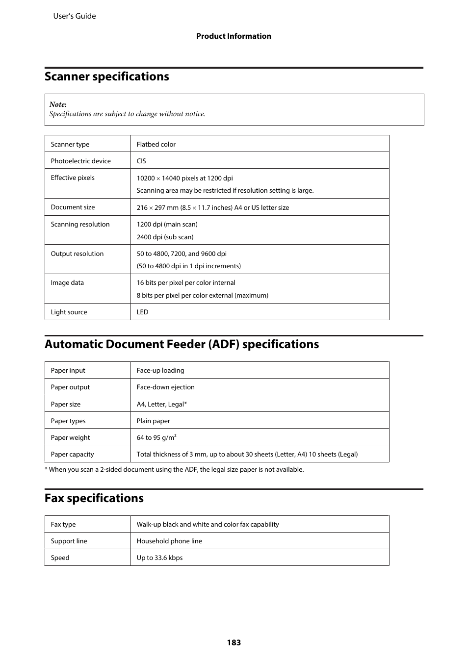 Scanner specifications, Automatic document feeder (adf) specifications, Fax specifications | Epson WP-M4595DNF User Manual | Page 183 / 203