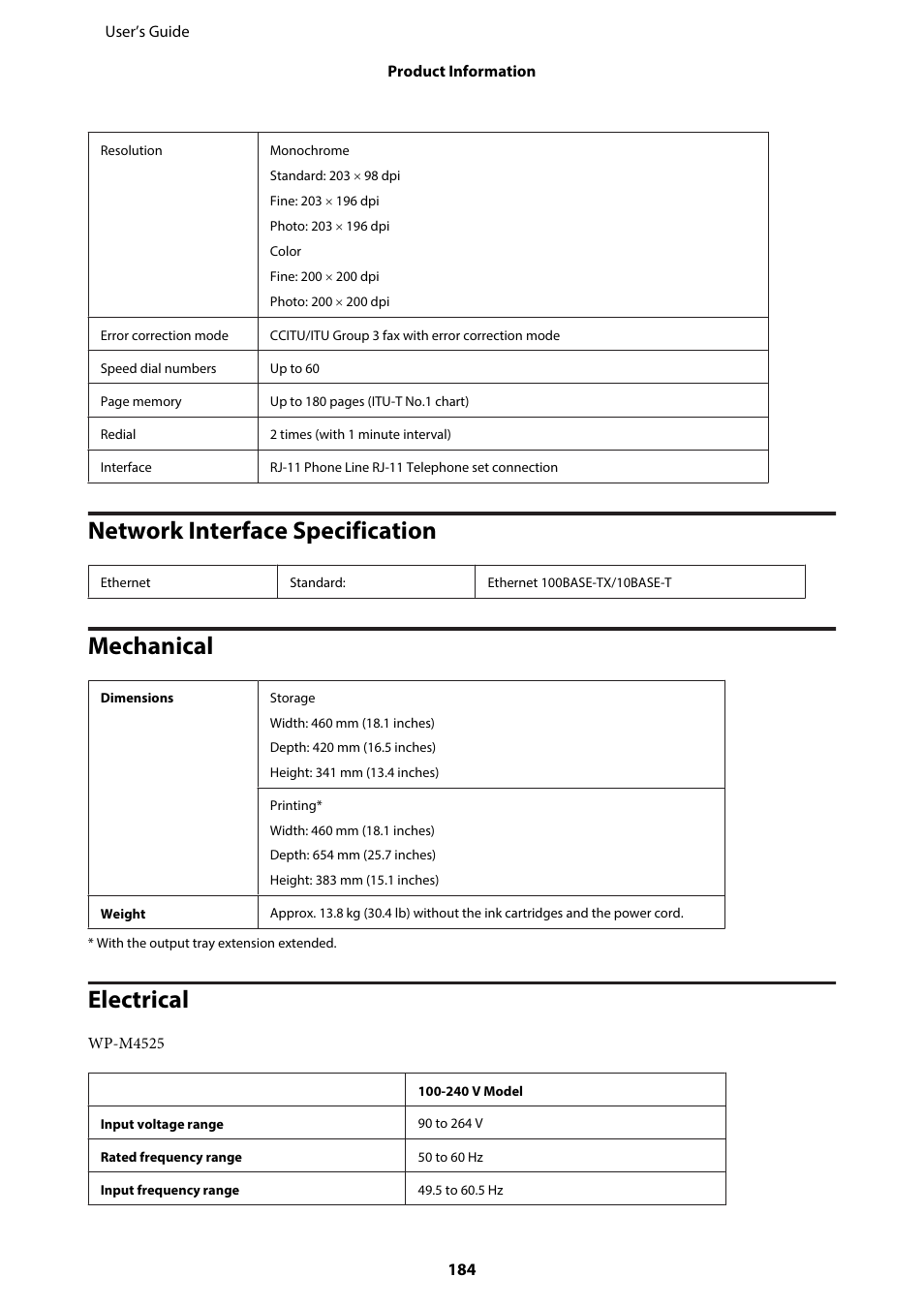 Network interface specification, Mechanical, Electrical | Epson WP-M4595DNF User Manual | Page 184 / 203