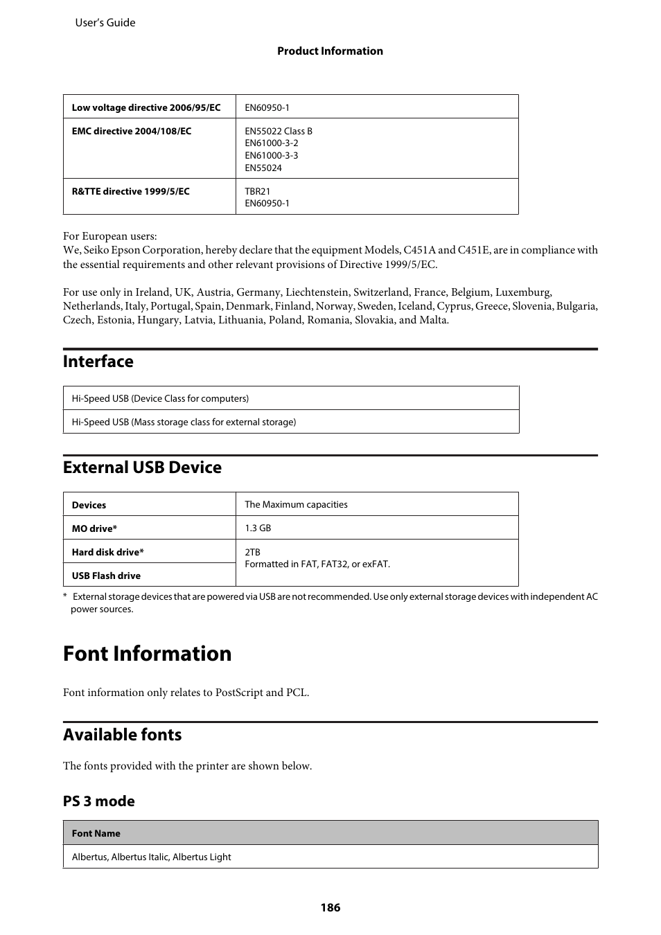 Interface, External usb device, Font information | Available fonts, Ps 3 mode, Interface external usb device | Epson WP-M4595DNF User Manual | Page 186 / 203
