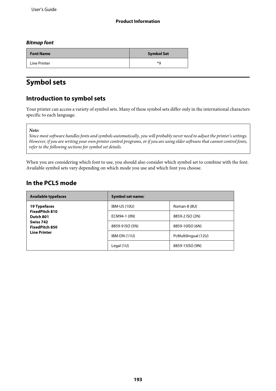 Symbol sets, Introduction to symbol sets, In the pcl5 mode | Epson WP-M4595DNF User Manual | Page 193 / 203