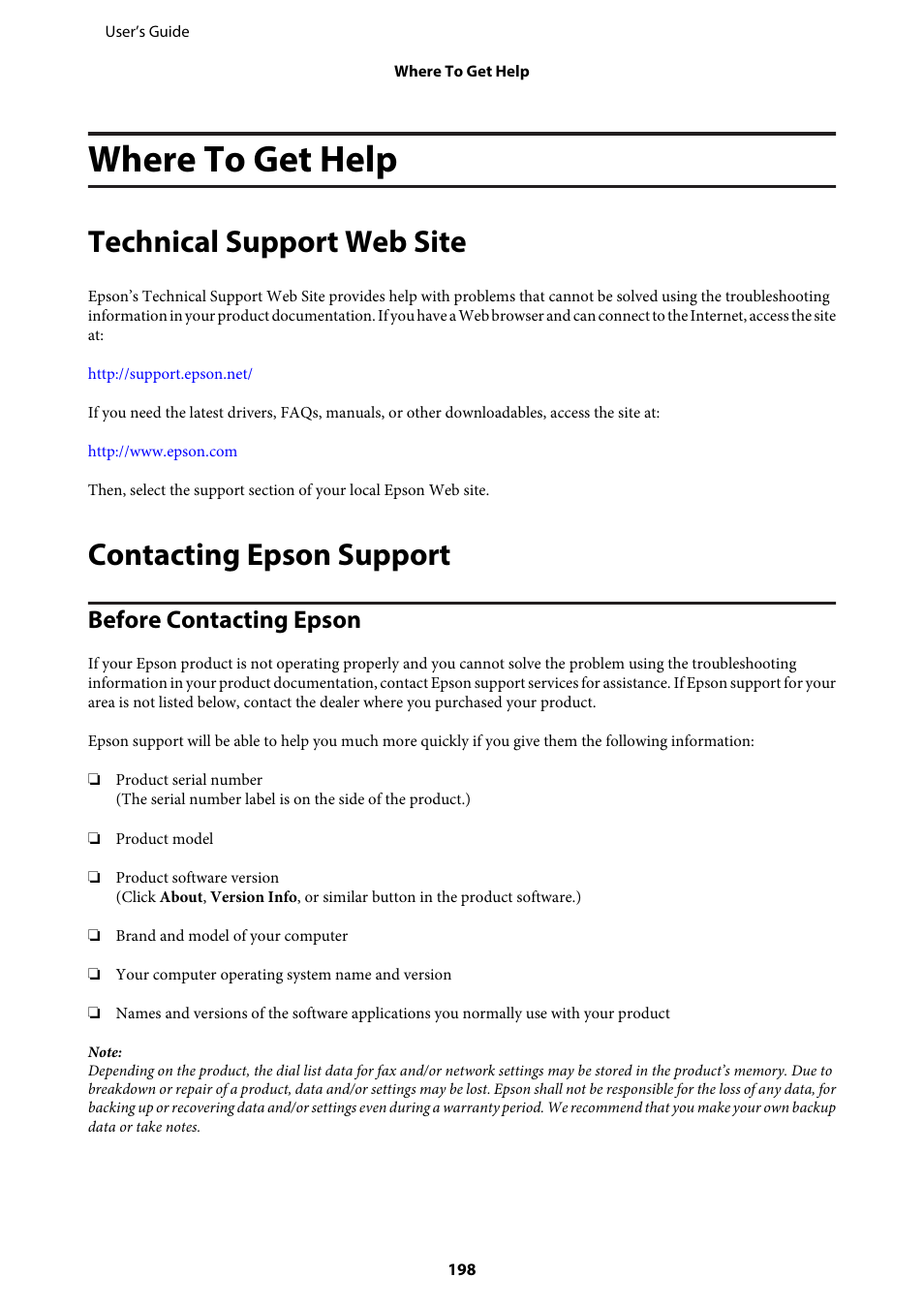 Where to get help, Technical support web site, Contacting epson support | Before contacting epson | Epson WP-M4595DNF User Manual | Page 198 / 203