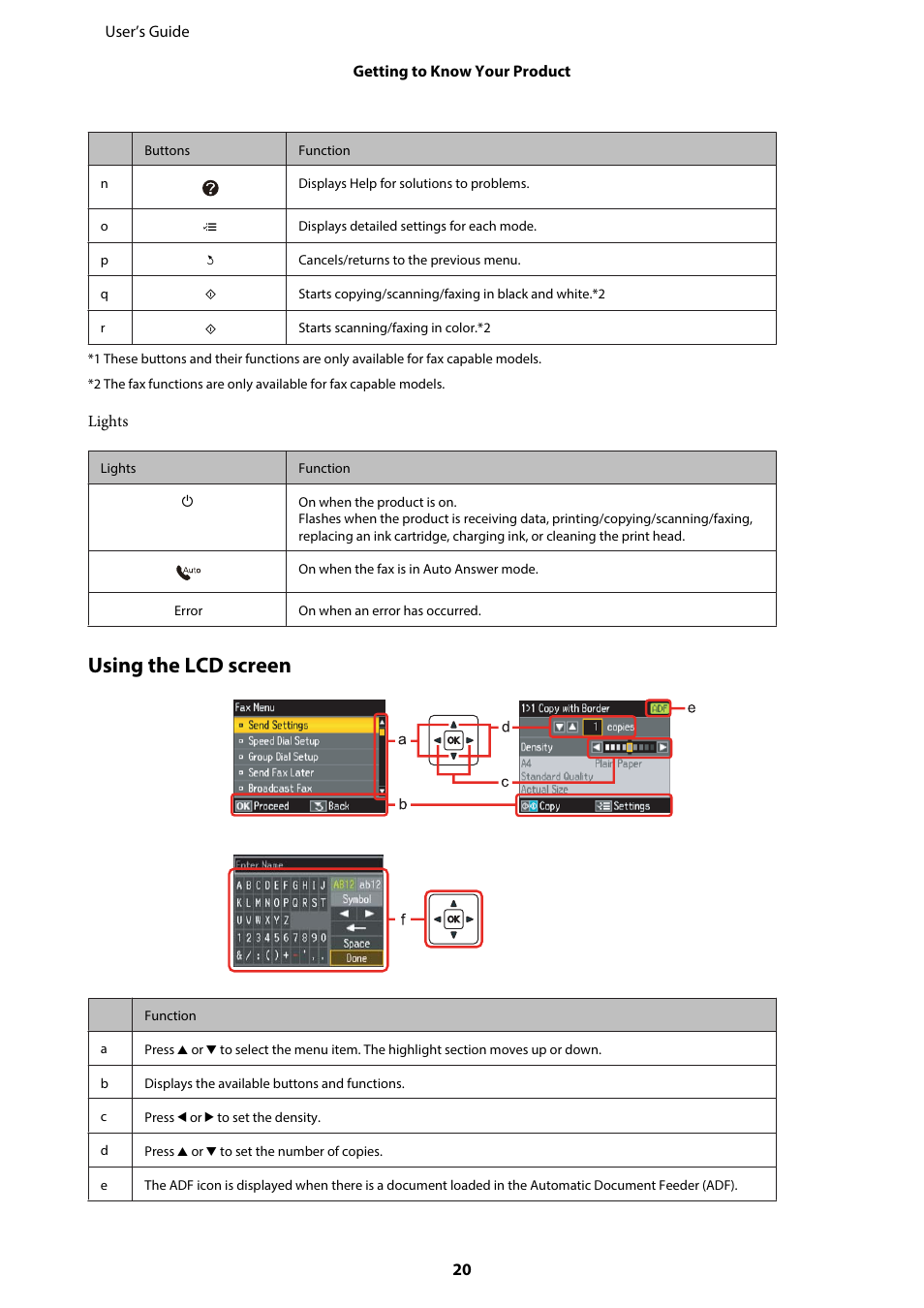 Using the lcd screen | Epson WP-M4595DNF User Manual | Page 20 / 203