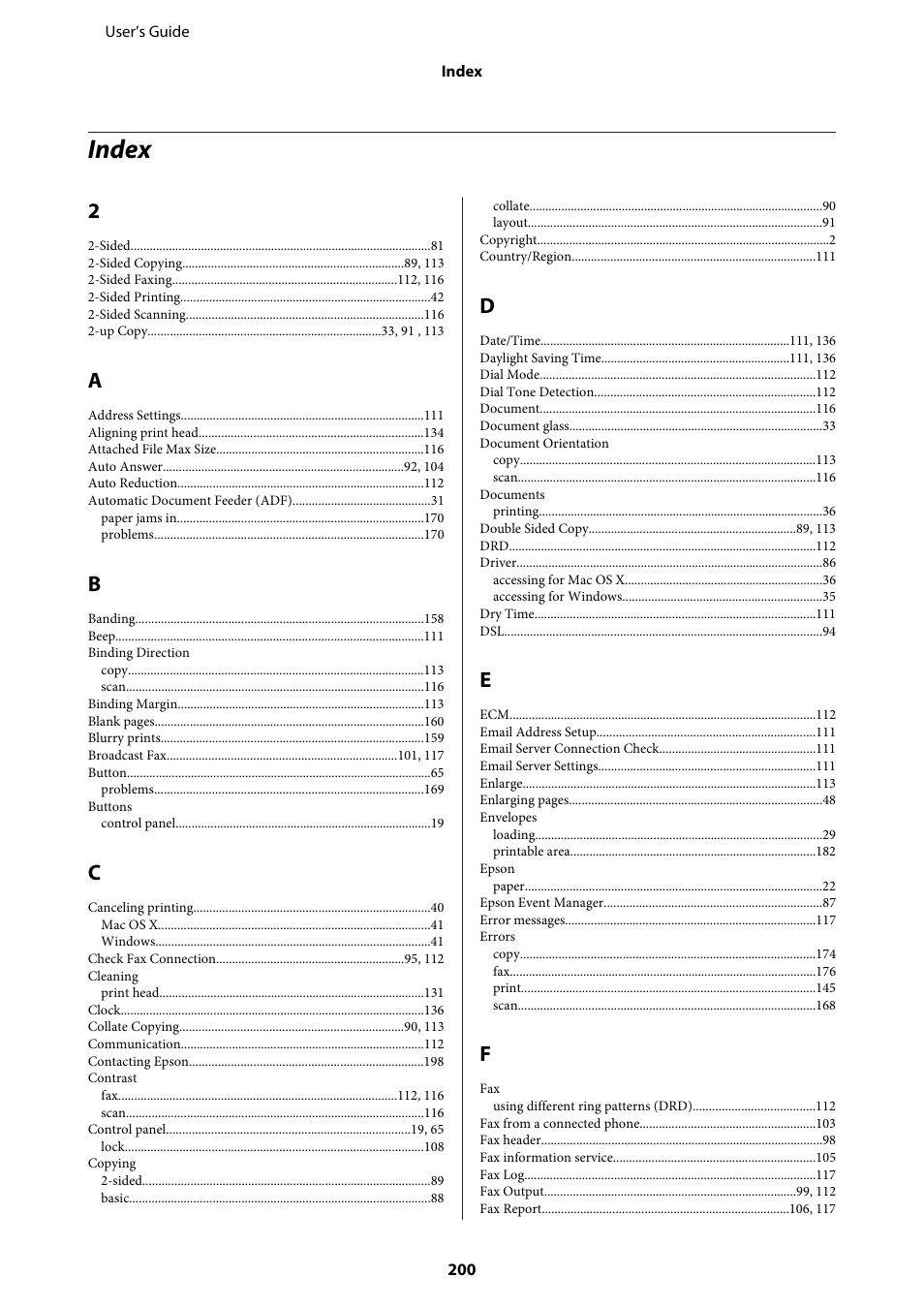 Index | Epson WP-M4595DNF User Manual | Page 200 / 203