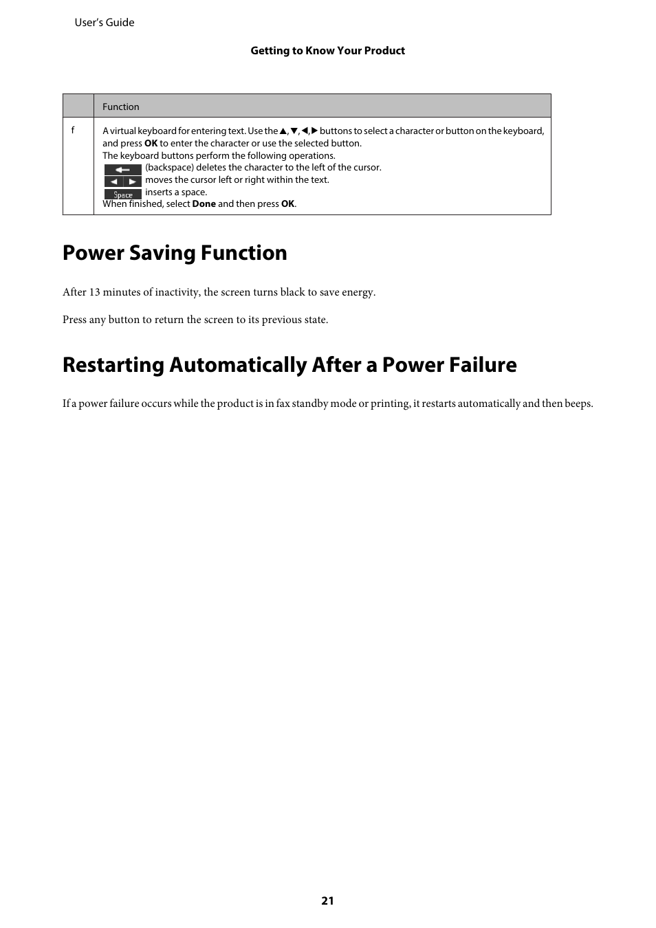 Power saving function, Restarting automatically after a power failure | Epson WP-M4595DNF User Manual | Page 21 / 203