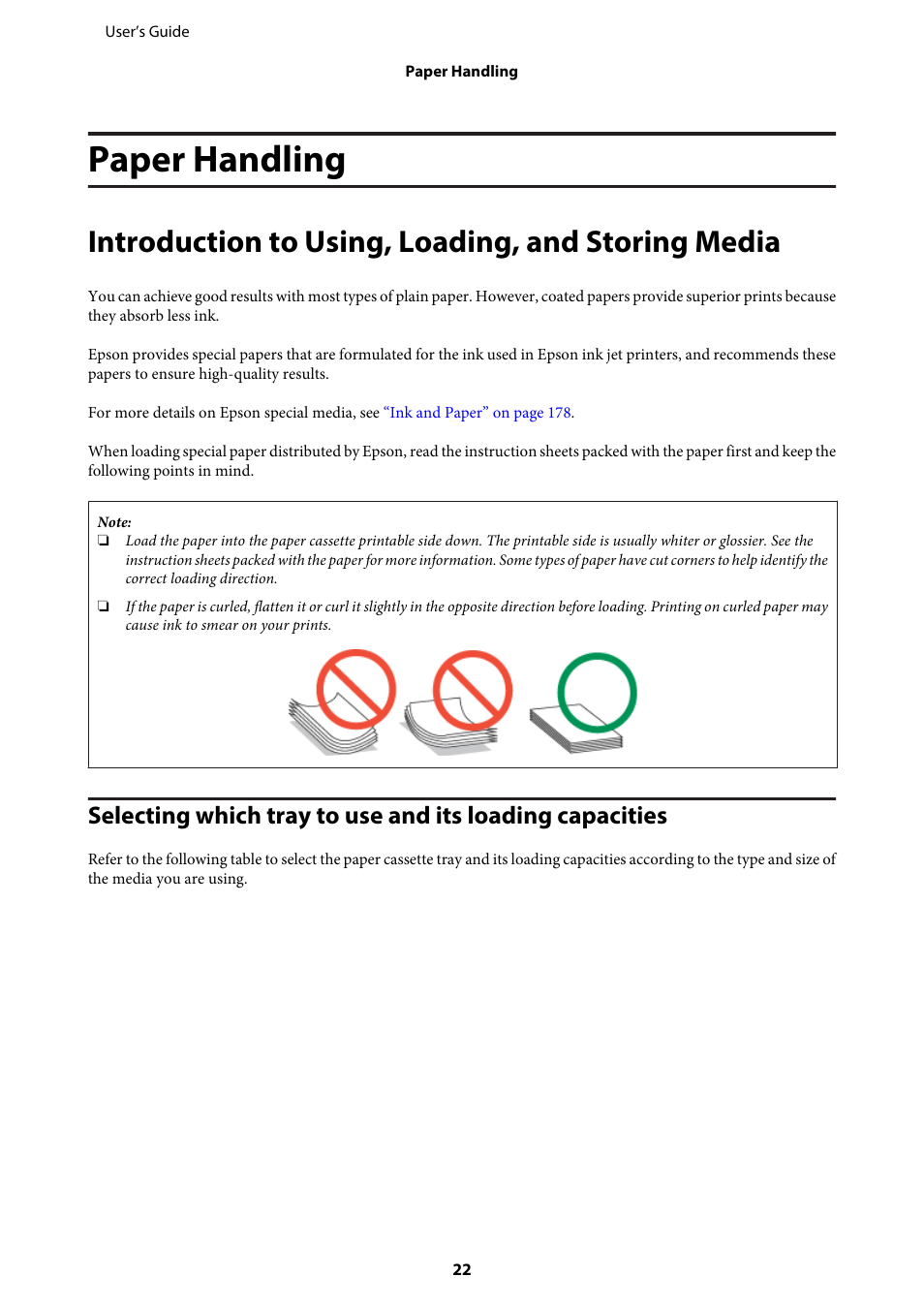 Paper handling, Introduction to using, loading, and storing media | Epson WP-M4595DNF User Manual | Page 22 / 203
