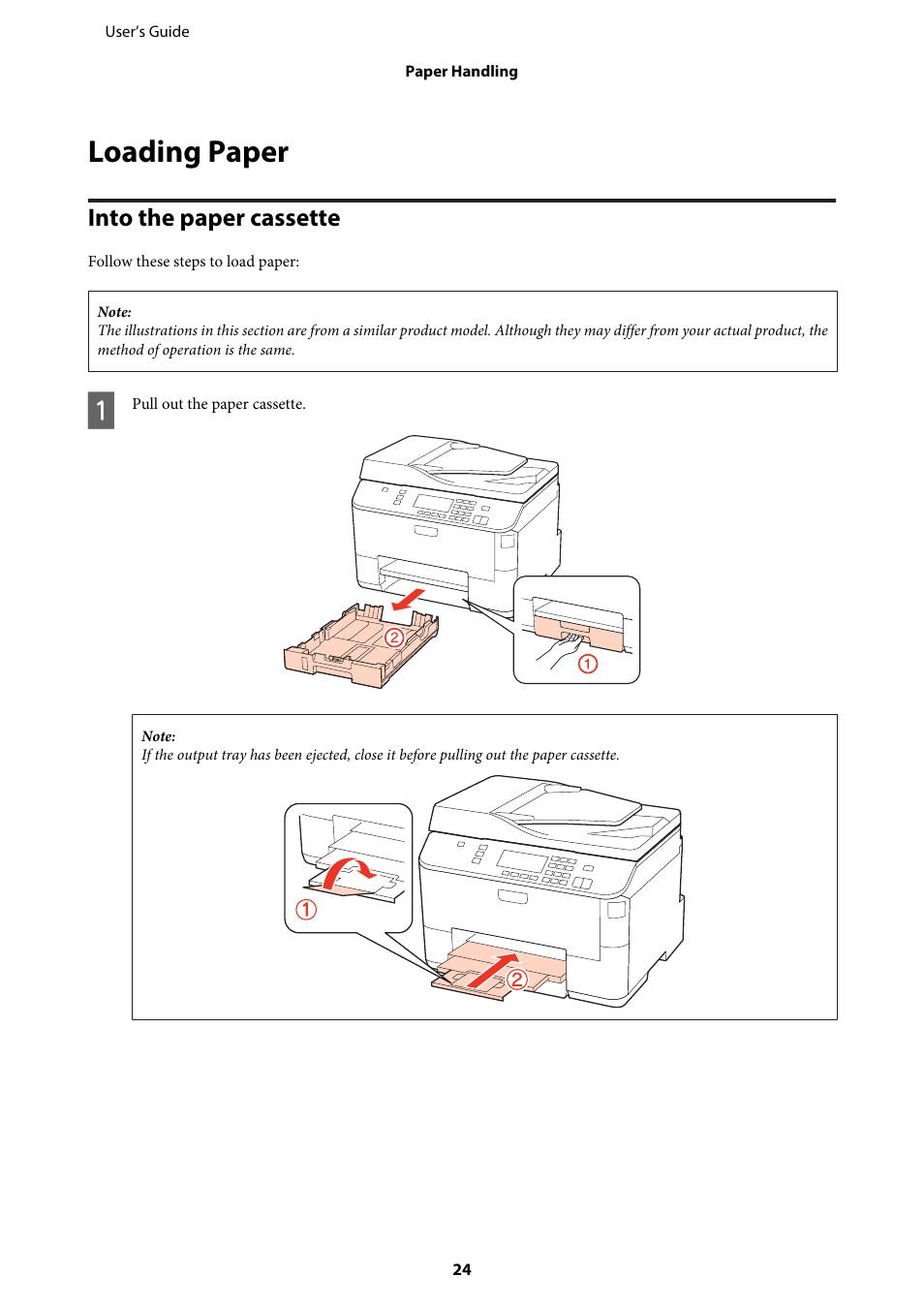 Loading paper, Into the paper cassette | Epson WP-M4595DNF User Manual | Page 24 / 203
