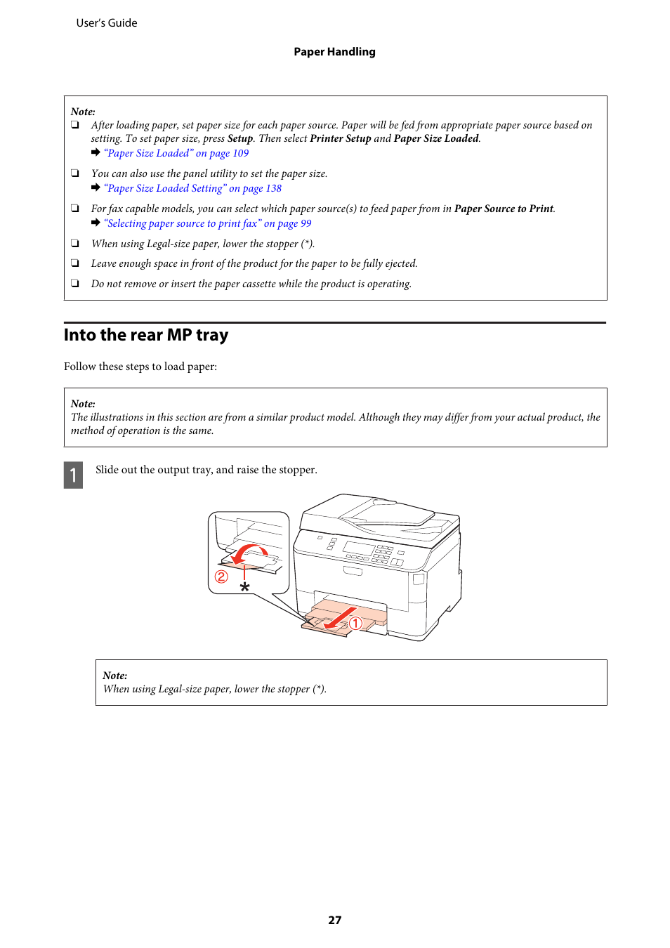 Into the rear mp tray | Epson WP-M4595DNF User Manual | Page 27 / 203
