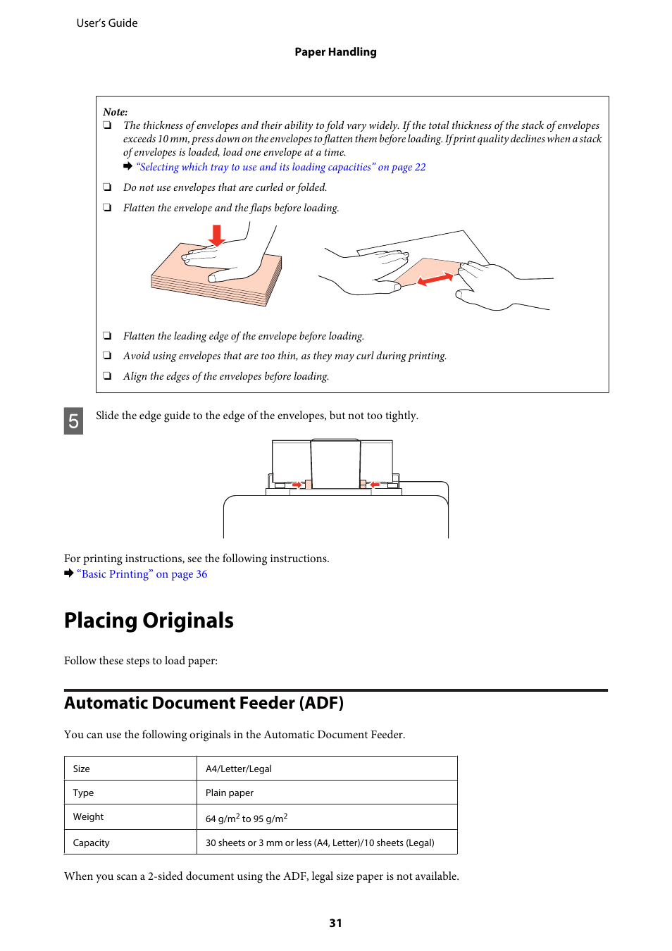 Placing originals, Automatic document feeder (adf) | Epson WP-M4595DNF User Manual | Page 31 / 203
