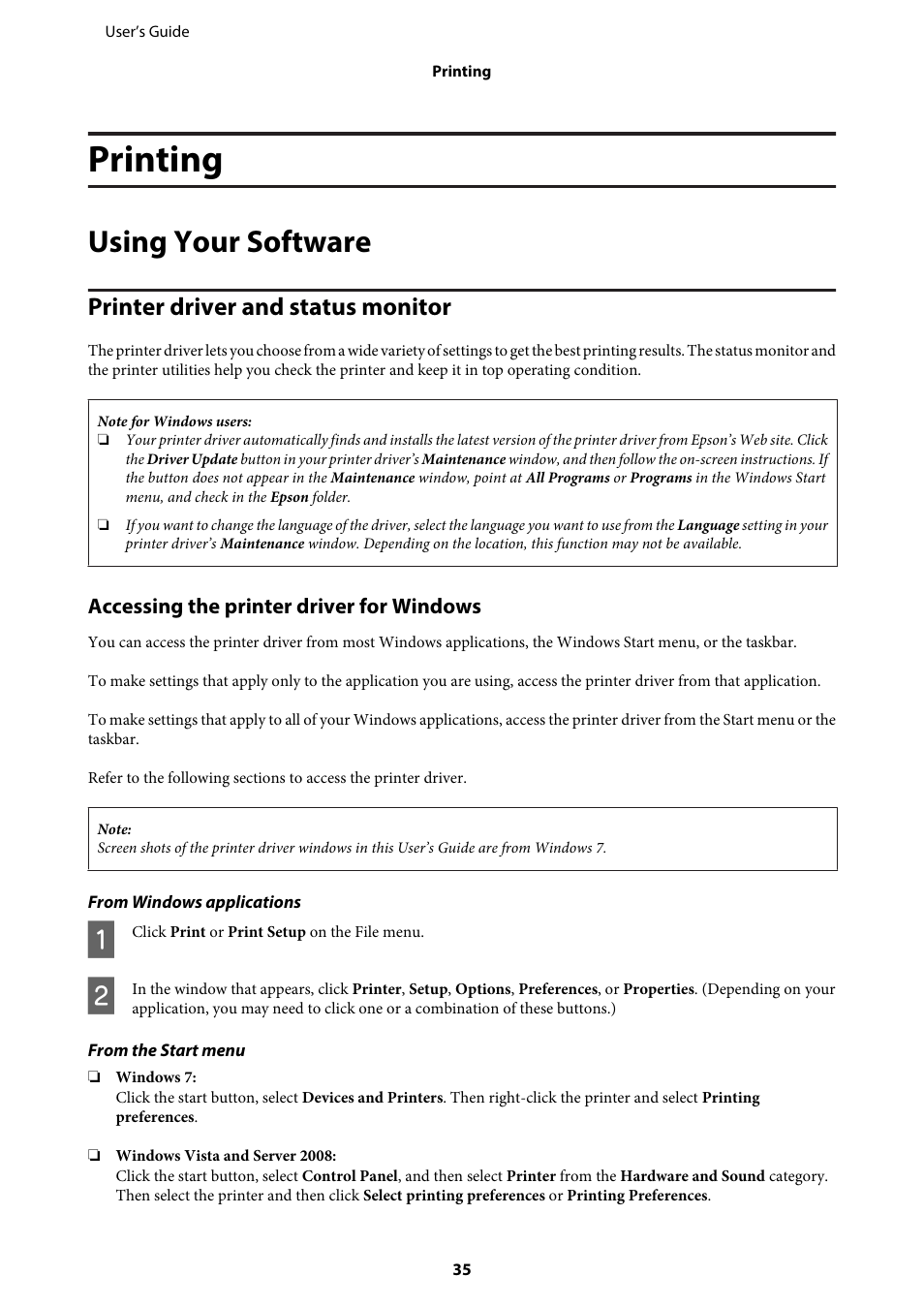 Printing, Using your software, Printer driver and status monitor | Accessing the printer driver for windows | Epson WP-M4595DNF User Manual | Page 35 / 203