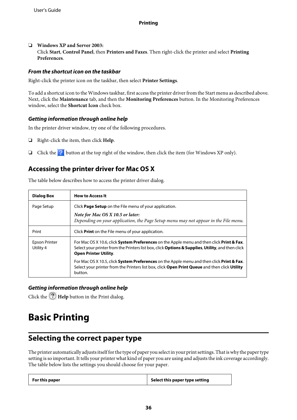 Accessing the printer driver for mac os x, Basic printing, Selecting the correct paper type | Epson WP-M4595DNF User Manual | Page 36 / 203