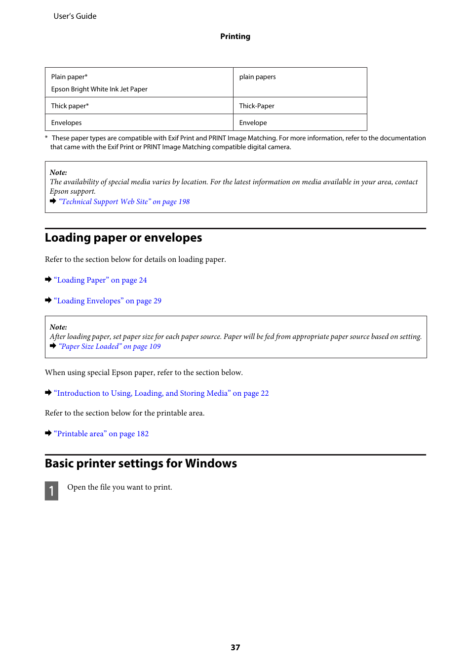 Loading paper or envelopes, Basic printer settings for windows | Epson WP-M4595DNF User Manual | Page 37 / 203