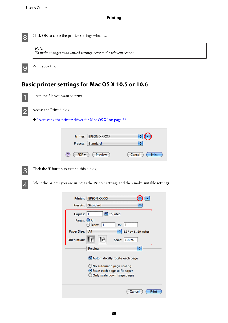 Basic printer settings for mac os x 10.5 or 10.6 | Epson WP-M4595DNF User Manual | Page 39 / 203