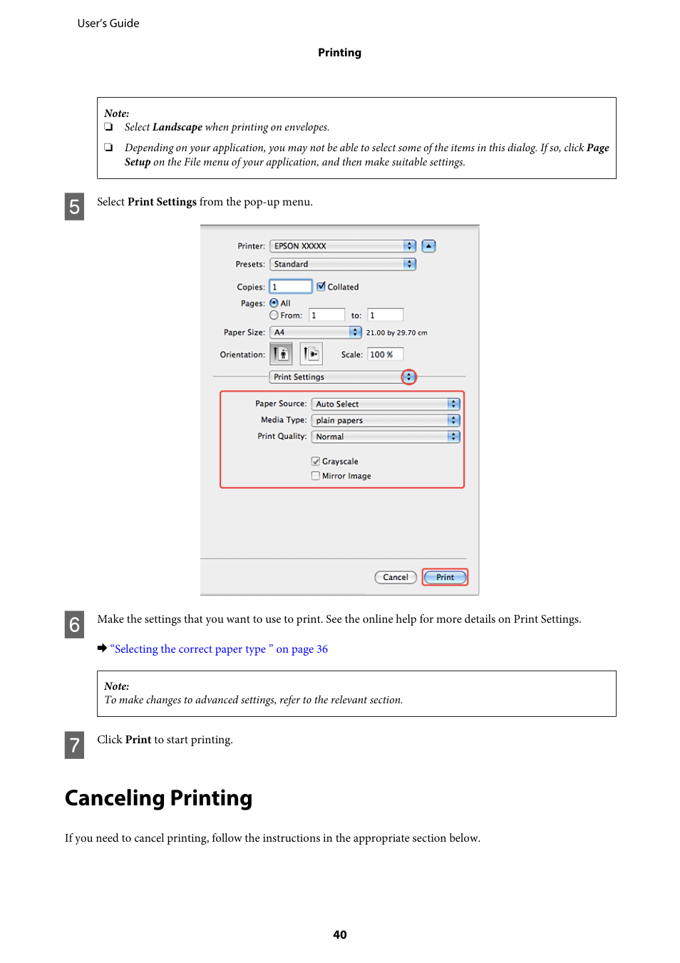 Canceling printing | Epson WP-M4595DNF User Manual | Page 40 / 203