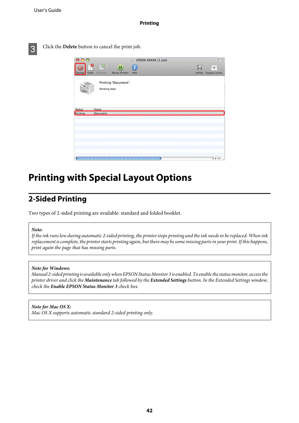 Printing with special layout options, ‍sided printing, Sided printing | Epson WP-M4595DNF User Manual | Page 42 / 203