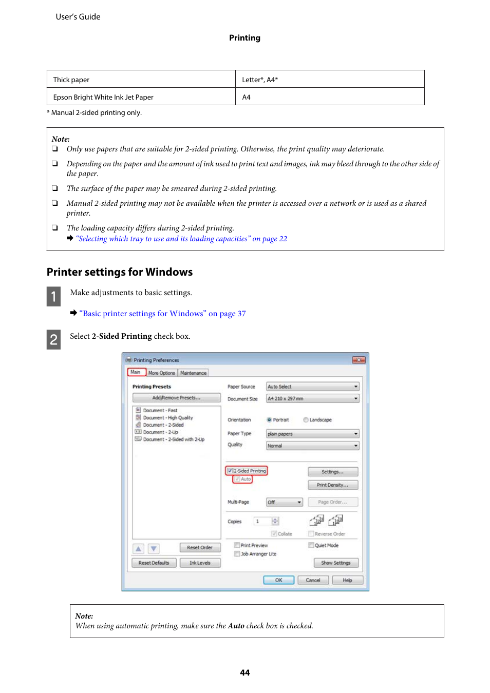 Printer settings for windows | Epson WP-M4595DNF User Manual | Page 44 / 203