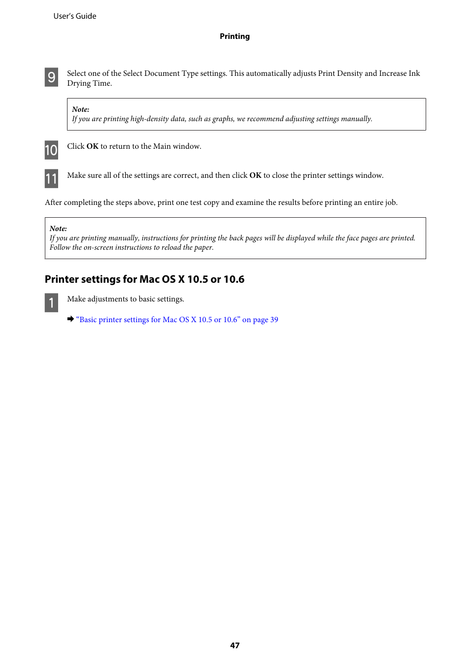 Printer settings for mac os x 10.5 or 10.6 | Epson WP-M4595DNF User Manual | Page 47 / 203