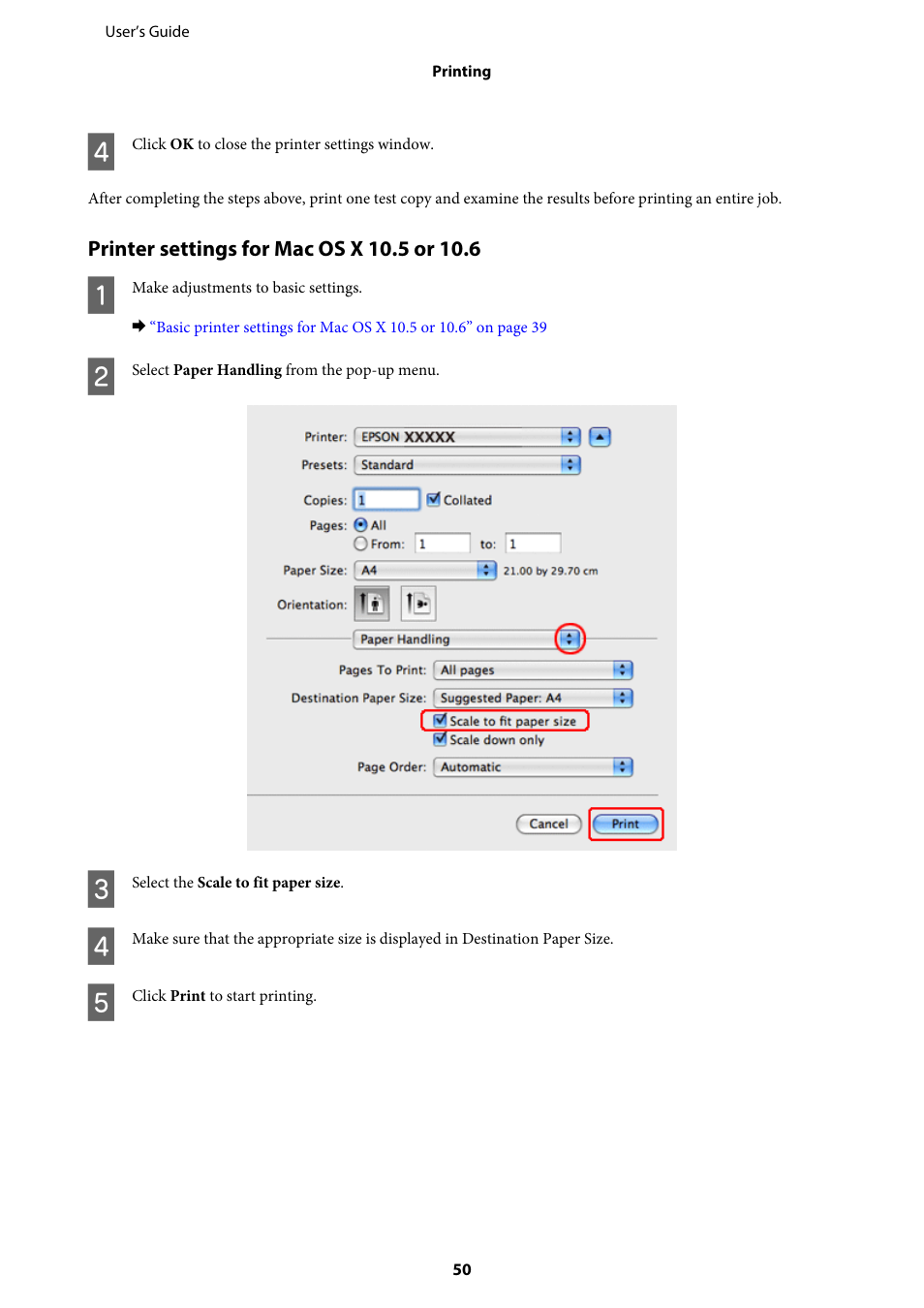 Printer settings for mac os x 10.5 or 10.6 | Epson WP-M4595DNF User Manual | Page 50 / 203