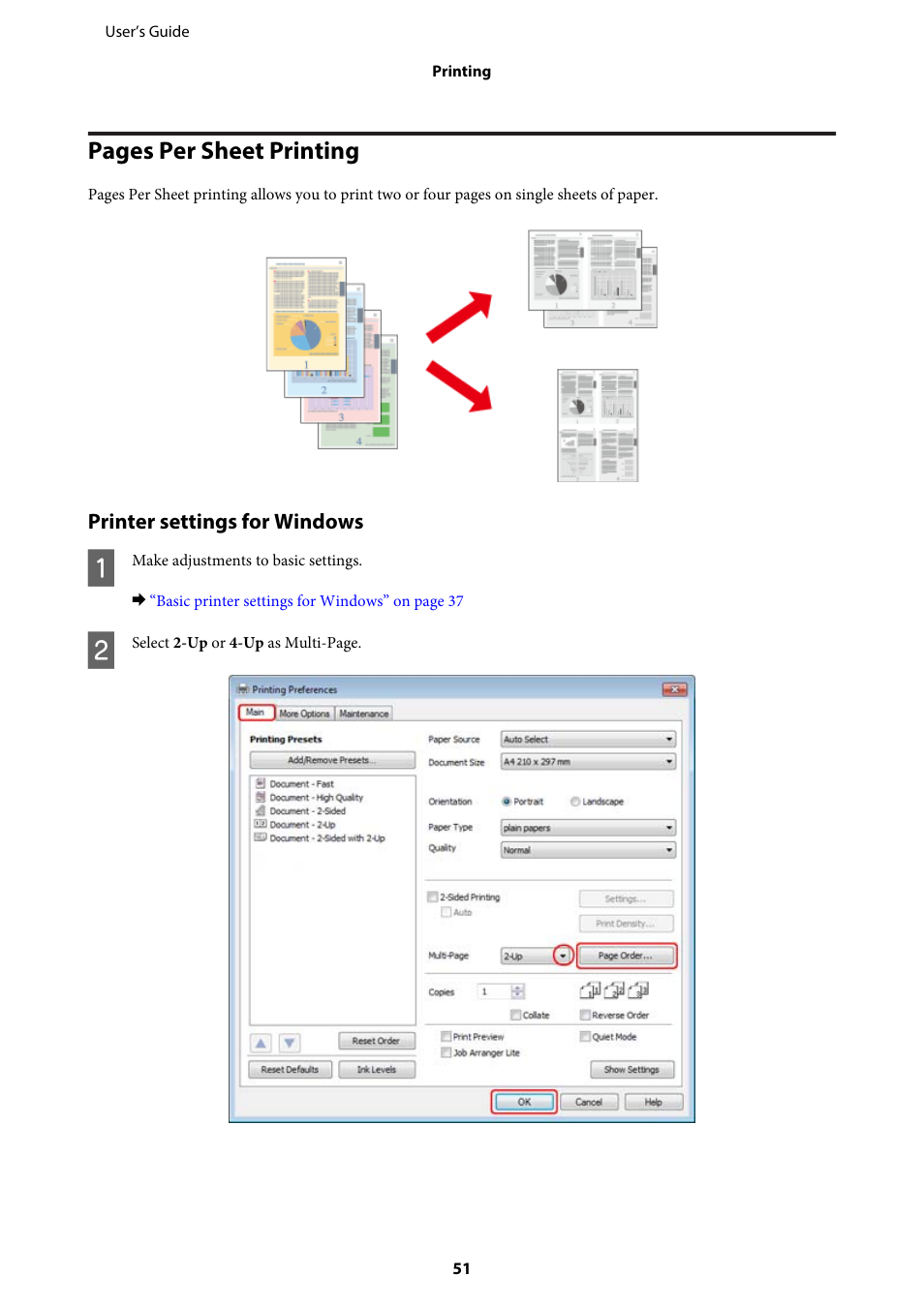 Printer settings for windows, Pages per sheet printing | Epson WP-M4595DNF User Manual | Page 51 / 203