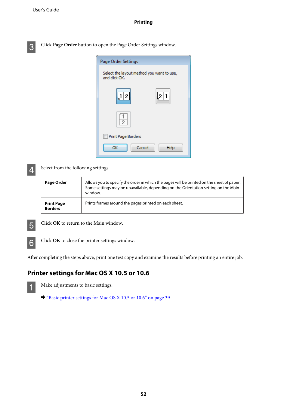 Printer settings for mac os x 10.5 or 10.6 | Epson WP-M4595DNF User Manual | Page 52 / 203