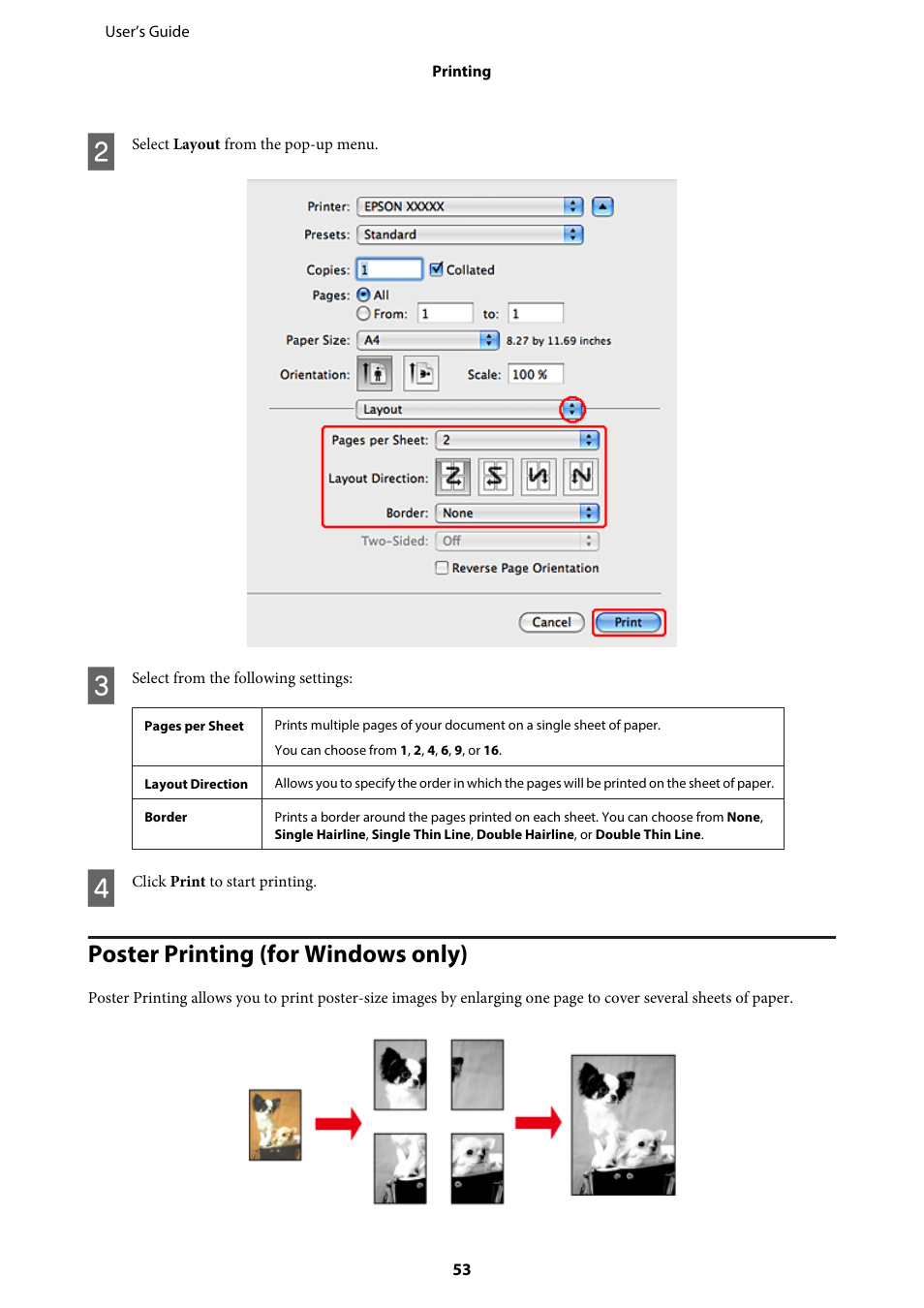 Poster printing (for windows only) | Epson WP-M4595DNF User Manual | Page 53 / 203